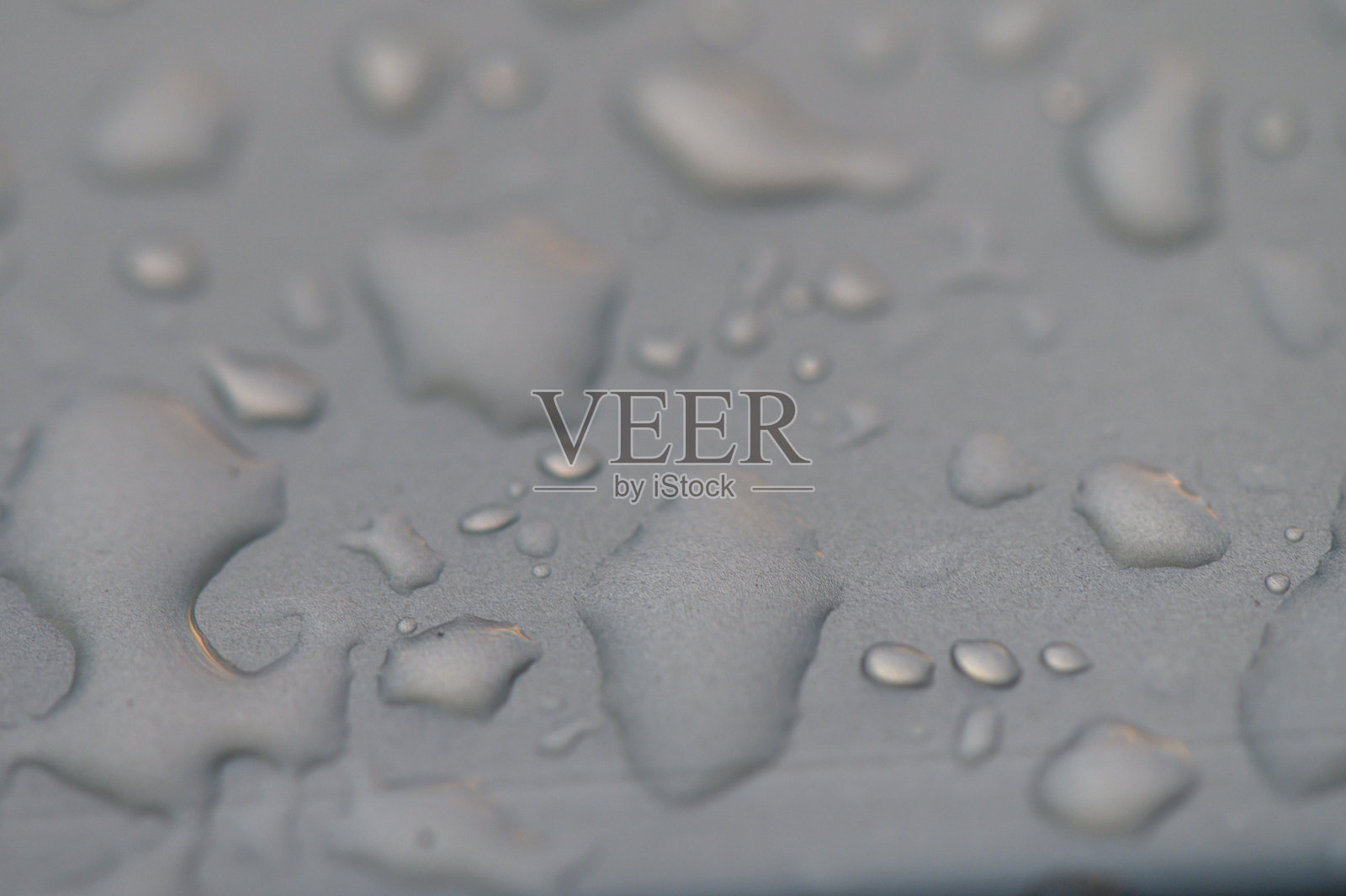 水滴在光滑的表面上闪烁，反射出黄昏时分柔和的光线，附近是一片宁静的水域。照片摄影图片