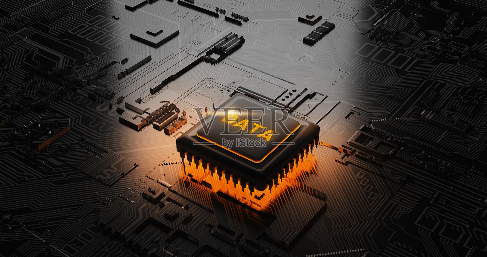 3D渲染发光的数据芯片CPU在电路板上。照片摄影图片