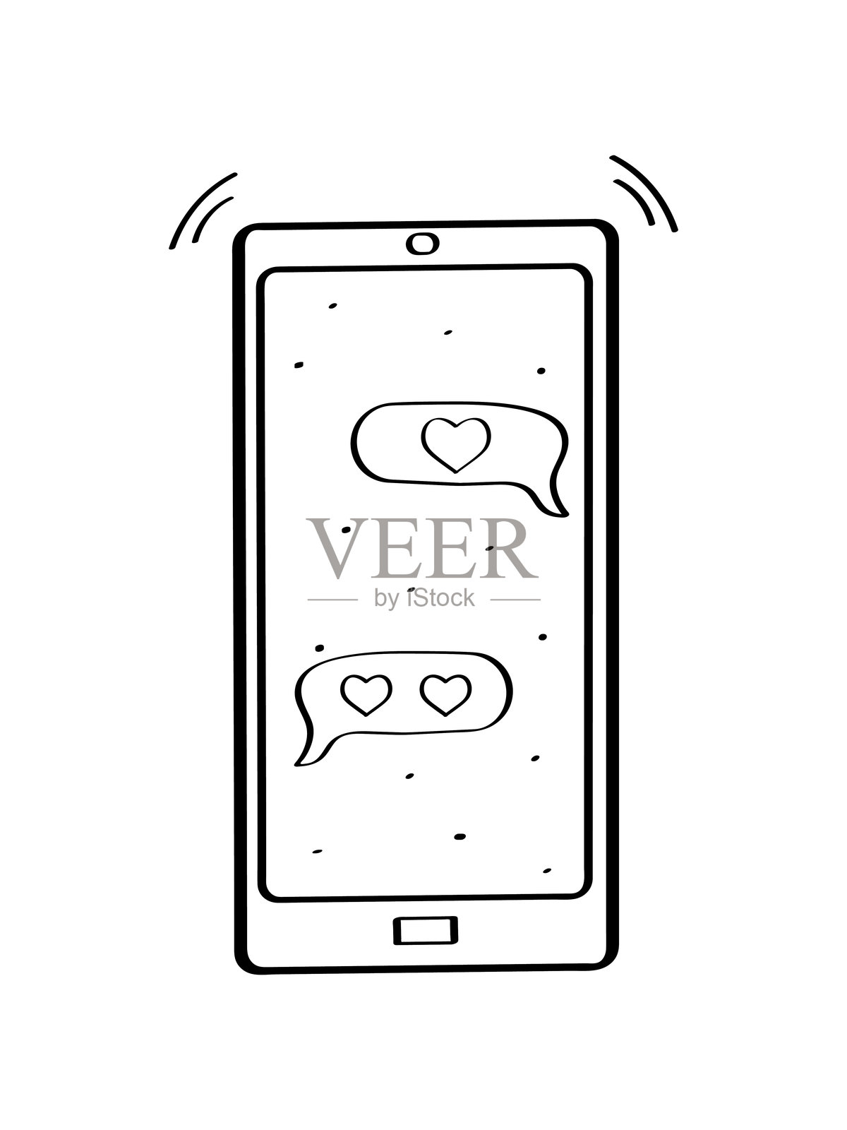 带有爱情信息涂鸦图标的手机。手机中的对话气泡包含爱情信息。情人节、婚礼概念。矢量插图。插画图片素材