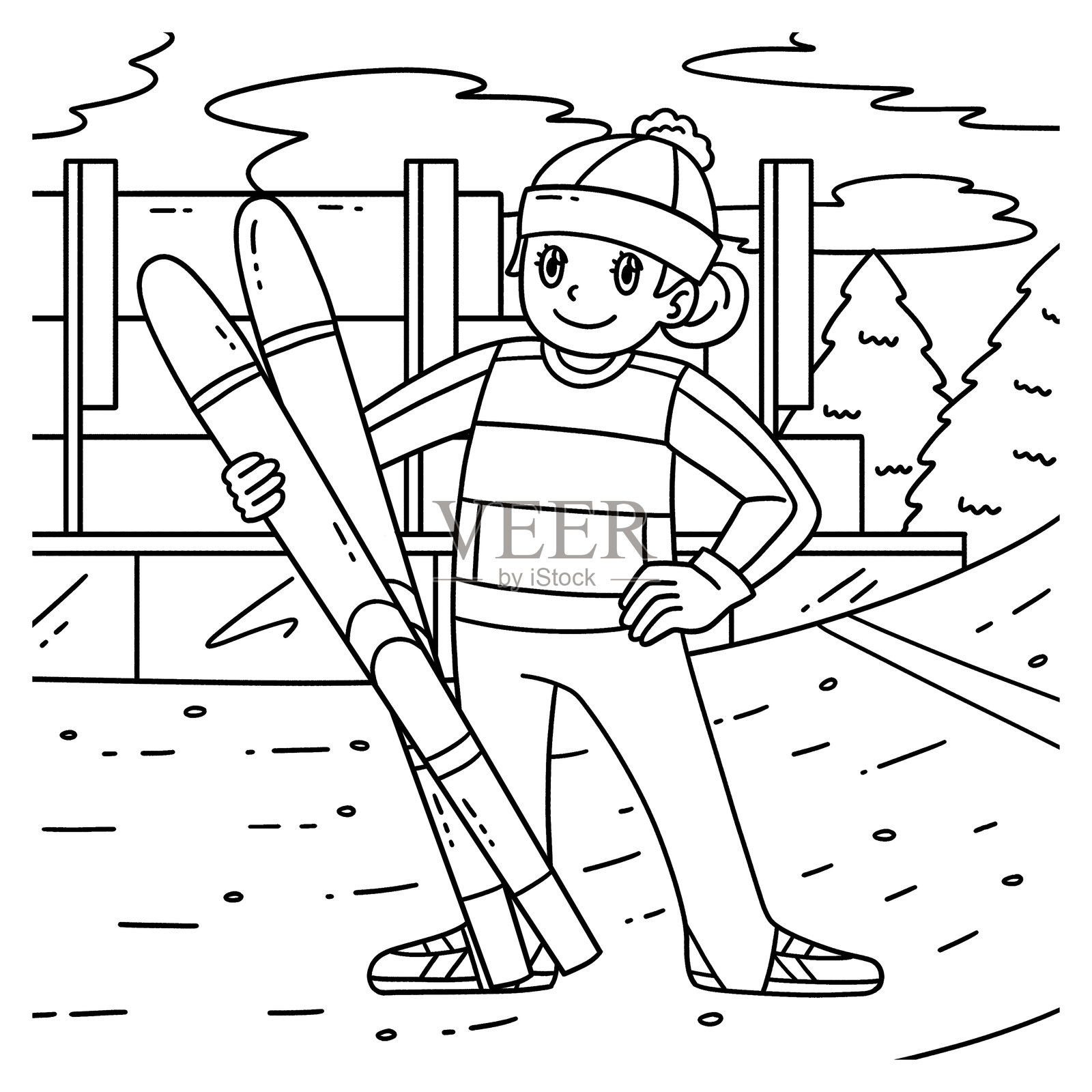 女子跳台滑雪运动员滑雪板涂色插画图片素材