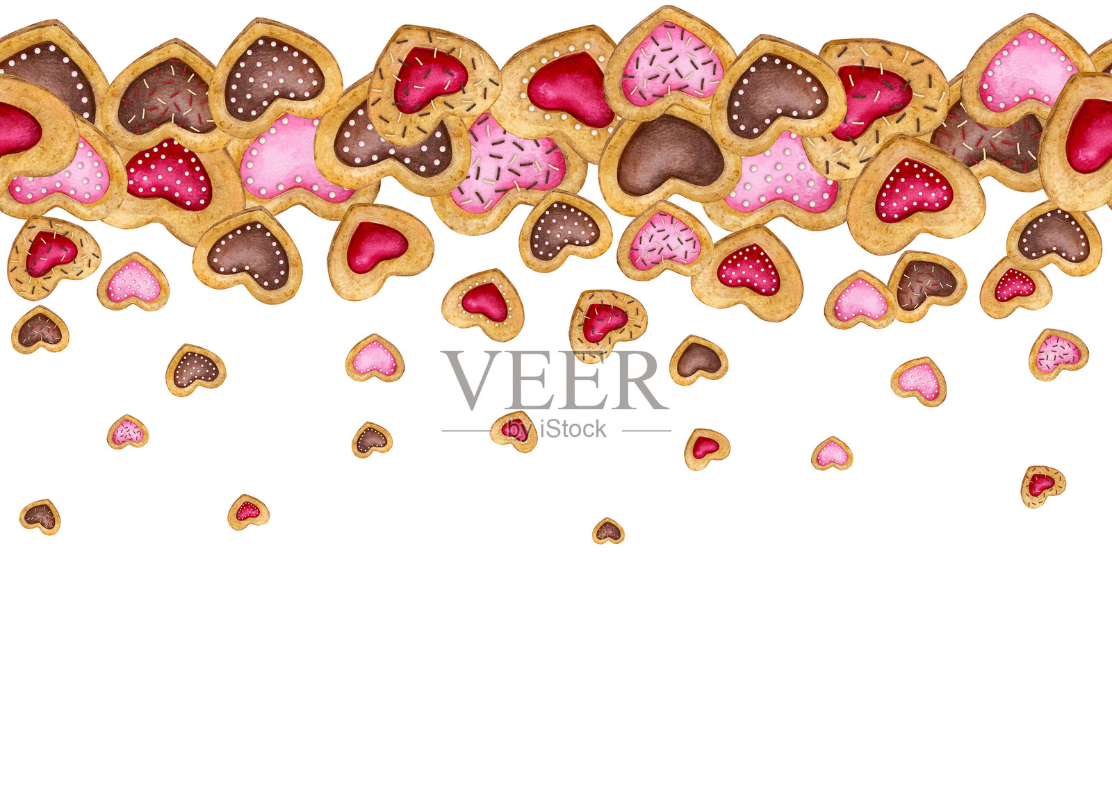 无缝的心形糖饼边框。水彩手绘的卡片、邀请函、海报、横幅、菜单框架。适用于情人节、生日、儿童派对。背景为白色。插画图片素材