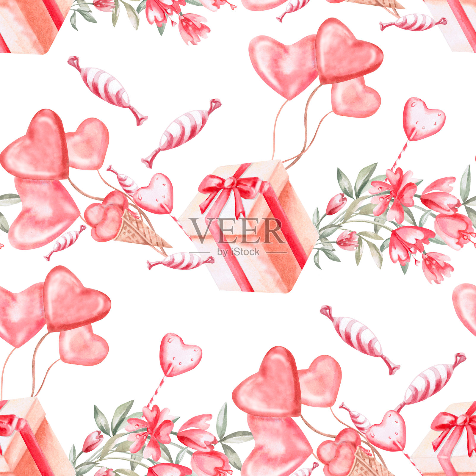 白色背景上的礼物、气球、冰淇淋和甜点的无缝图案。水彩插图以节日为主题，适合用于咖啡馆装饰、明信片印刷、面料和包装。插画图片素材