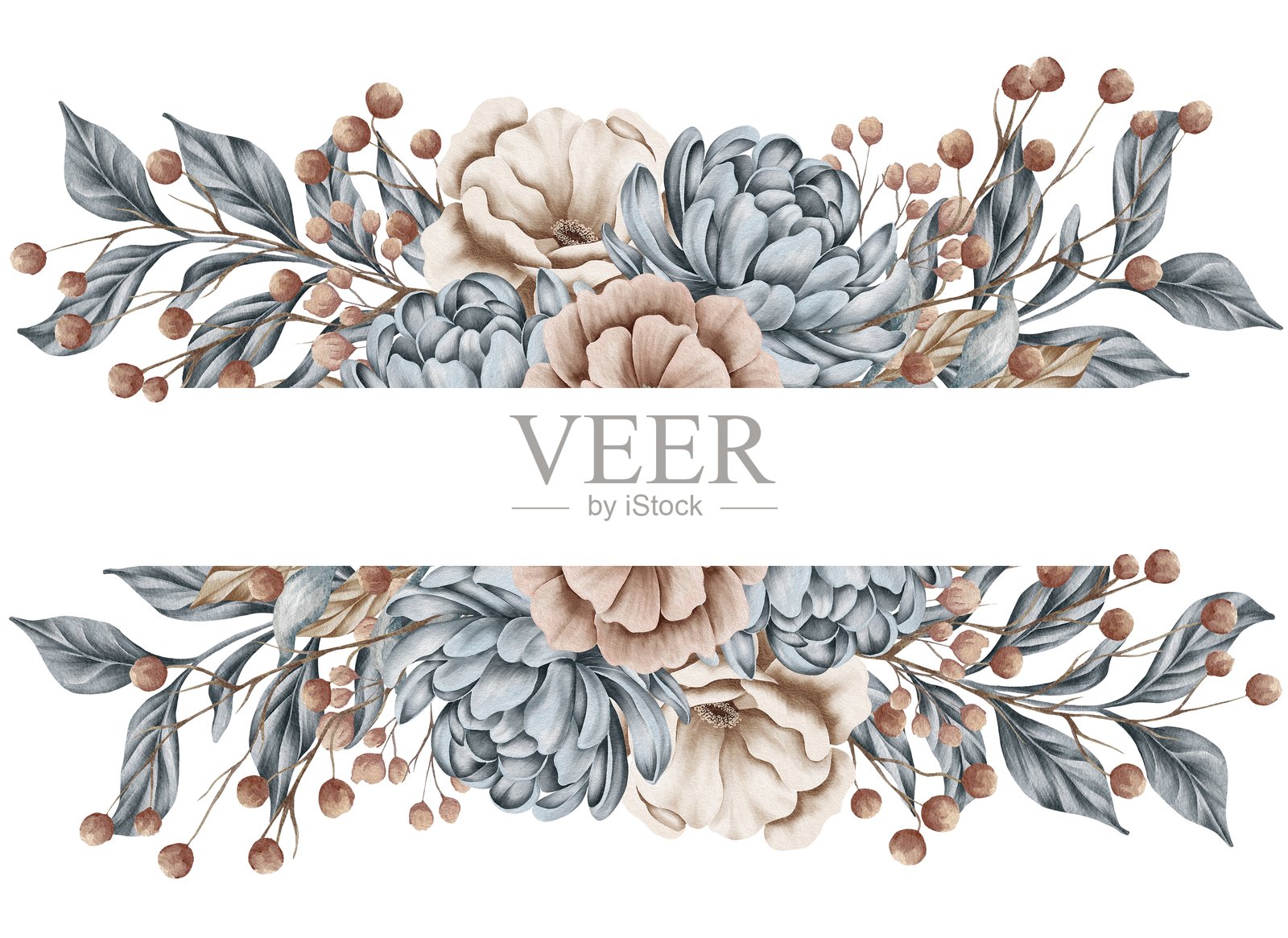 时尚的叶子，淡粉色和锈红色玫瑰婚礼花束。干花。米色、金色、棕色、锈色、灰褐色。水彩手绘花艺组合。插画图片素材