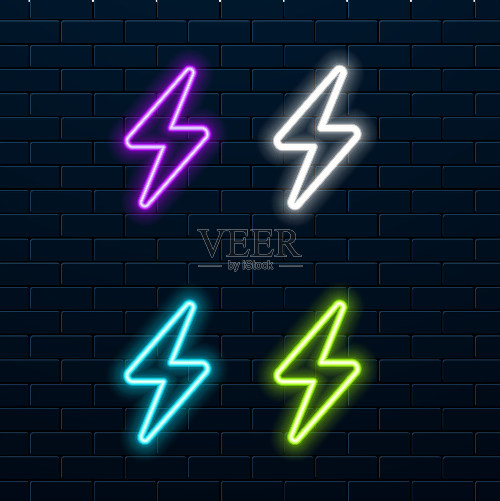 紫色和紫罗兰色电能的霓虹图标，矢量插图，包含霓虹轮廓和背光，背景为黑暗的砖墙。插画图片素材