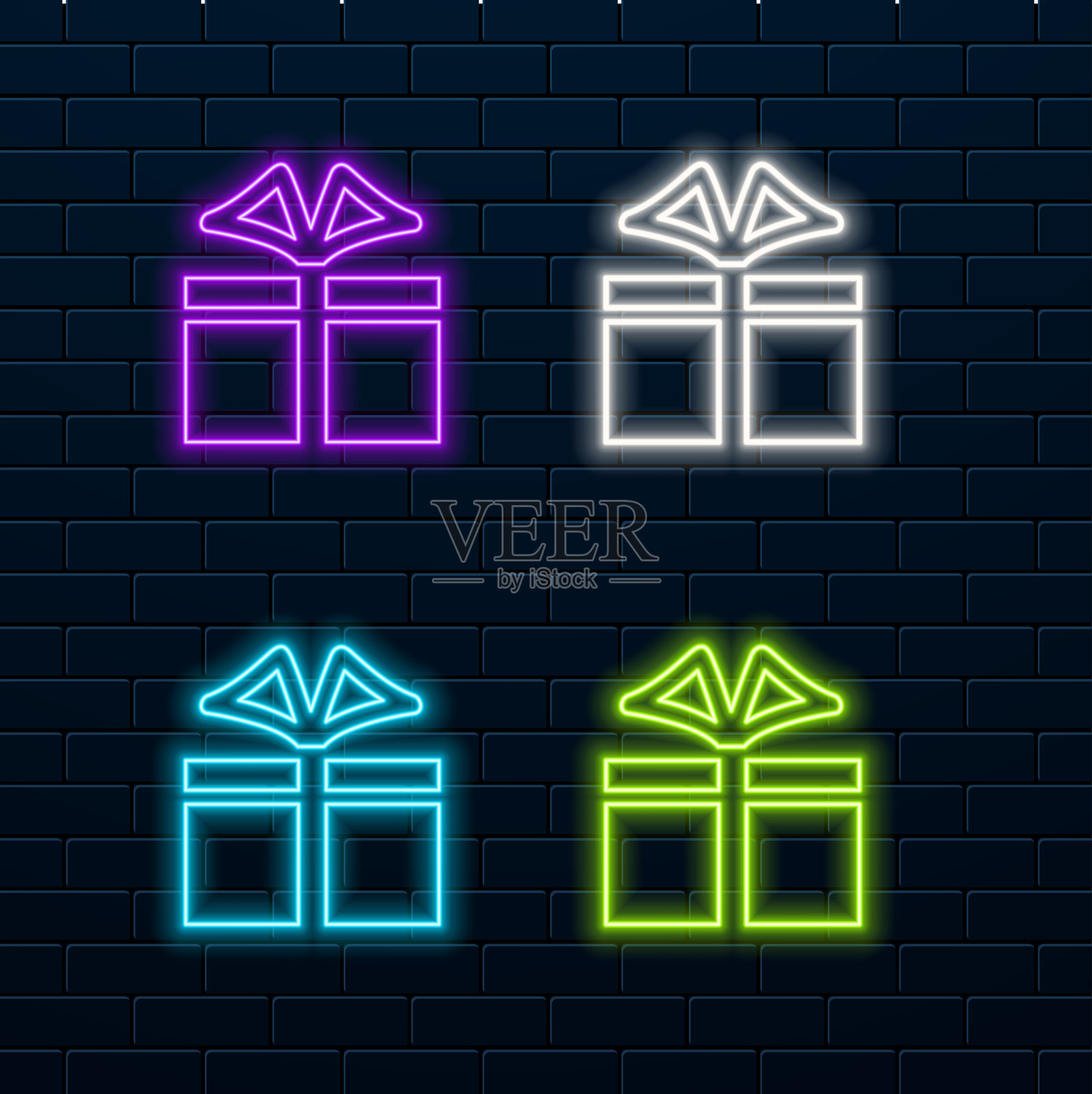 霓虹灯标签与礼品盒和氦气气球插画图片素材