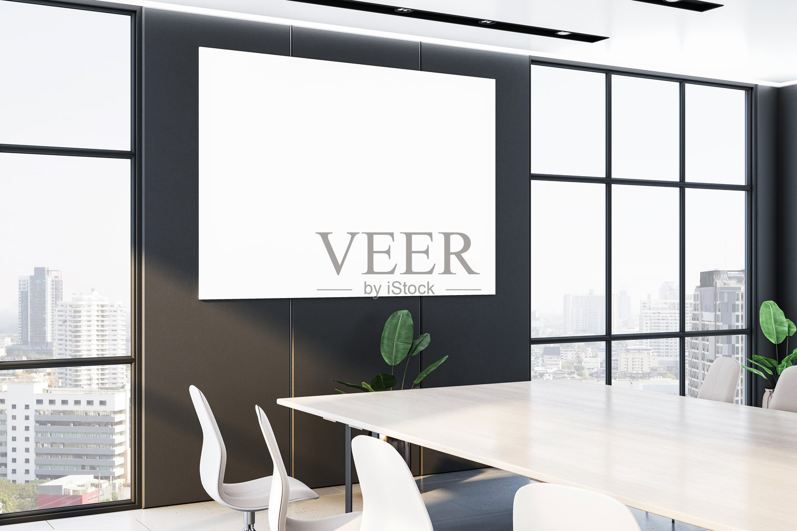 现代会议室，深色墙面上有空白白框模型，明亮的城市景观窗户，极简设计和植物。3D渲染。照片摄影图片