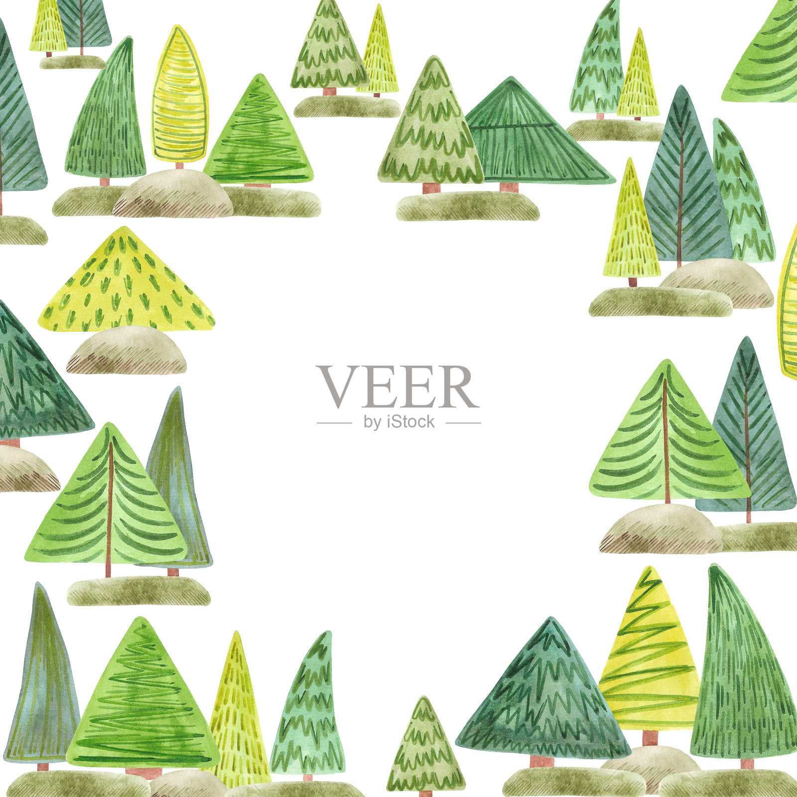 手绘水彩松树框架边框。常青树的插图，孤立在白色背景上。可用于明信片、标签、剪贴簿和其他印刷产品。插画图片素材