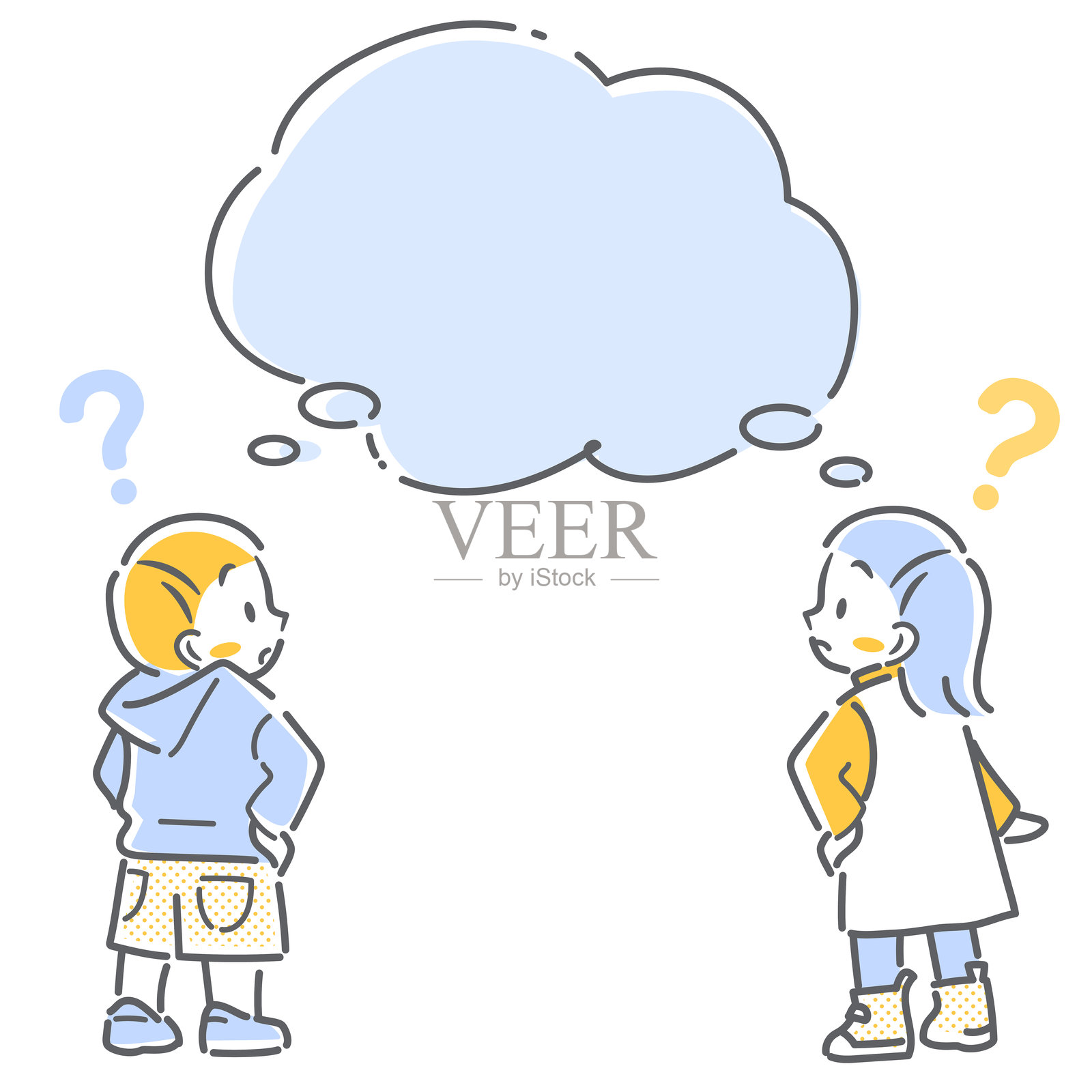 一个神秘的女孩和男孩 - 简单可爱的线条画插图插画图片素材