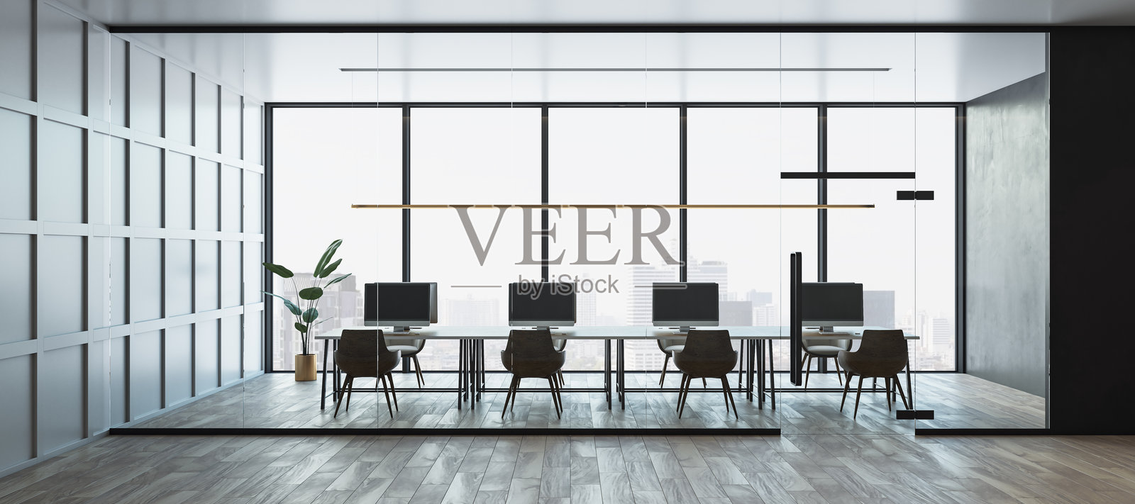 现代企业办公室内部，配有桌子、椅子和电脑，靠近落地窗，俯瞰城市景观。宽敞而干净的设计。3D渲染。照片摄影图片