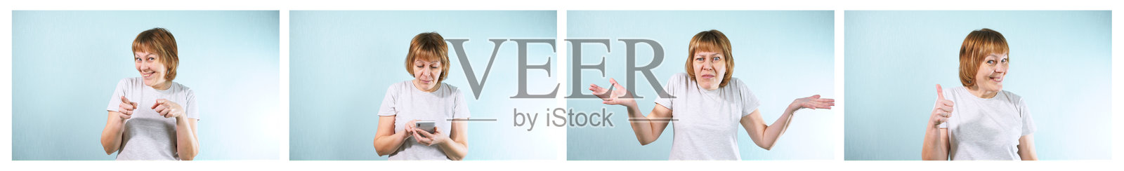 一组四张图片-女人表达各种情绪:困惑，喜悦和惊喜照片摄影图片