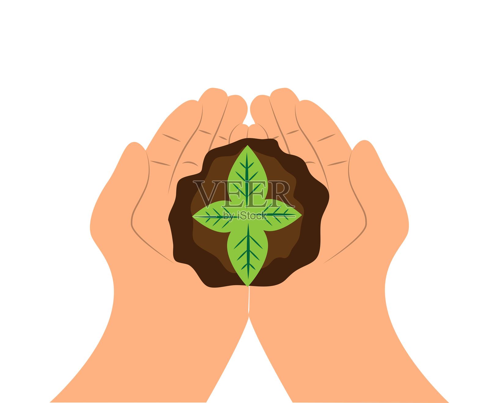 手握嫩芽的俯视图扁平风格插画图片素材