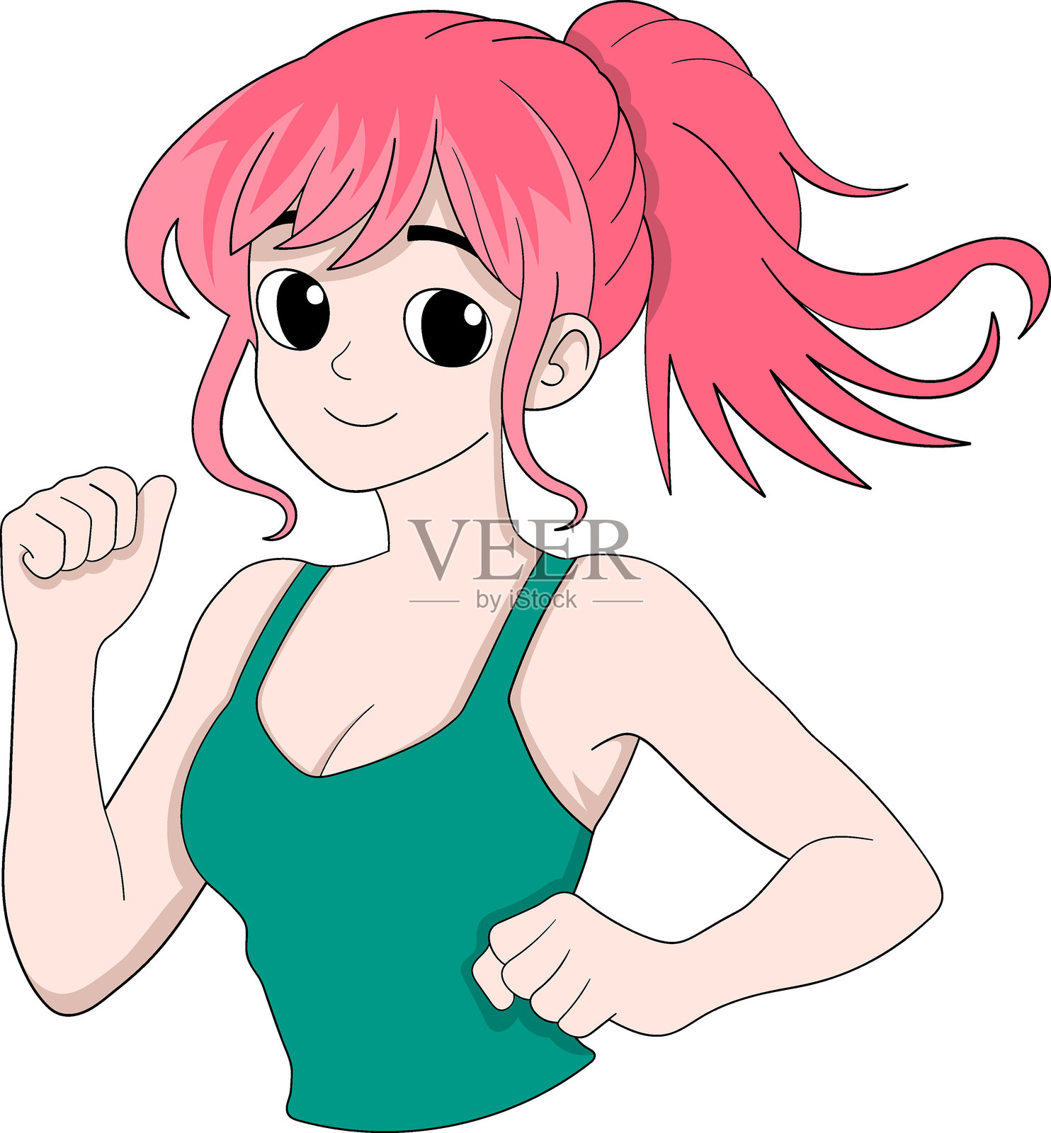 充满活力的粉色头发女性在慢跑，倡导健康生活方式插画图片素材