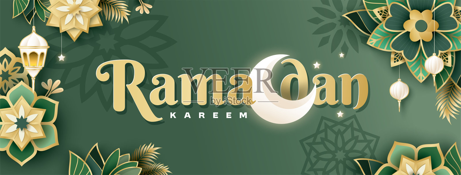 伊斯兰节日海报背景设计，包含花卉、阿拉伯书法、新月和灯笼。适合拉马丹、开斋节、穆斯林节日和古尔班节。插画图片素材