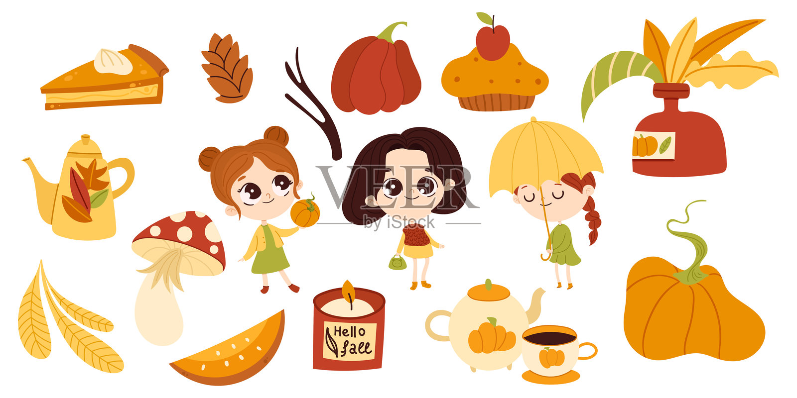 秋天的元素集，可爱的手绘季节物品和人物。矢量插图在平面风格插画图片素材