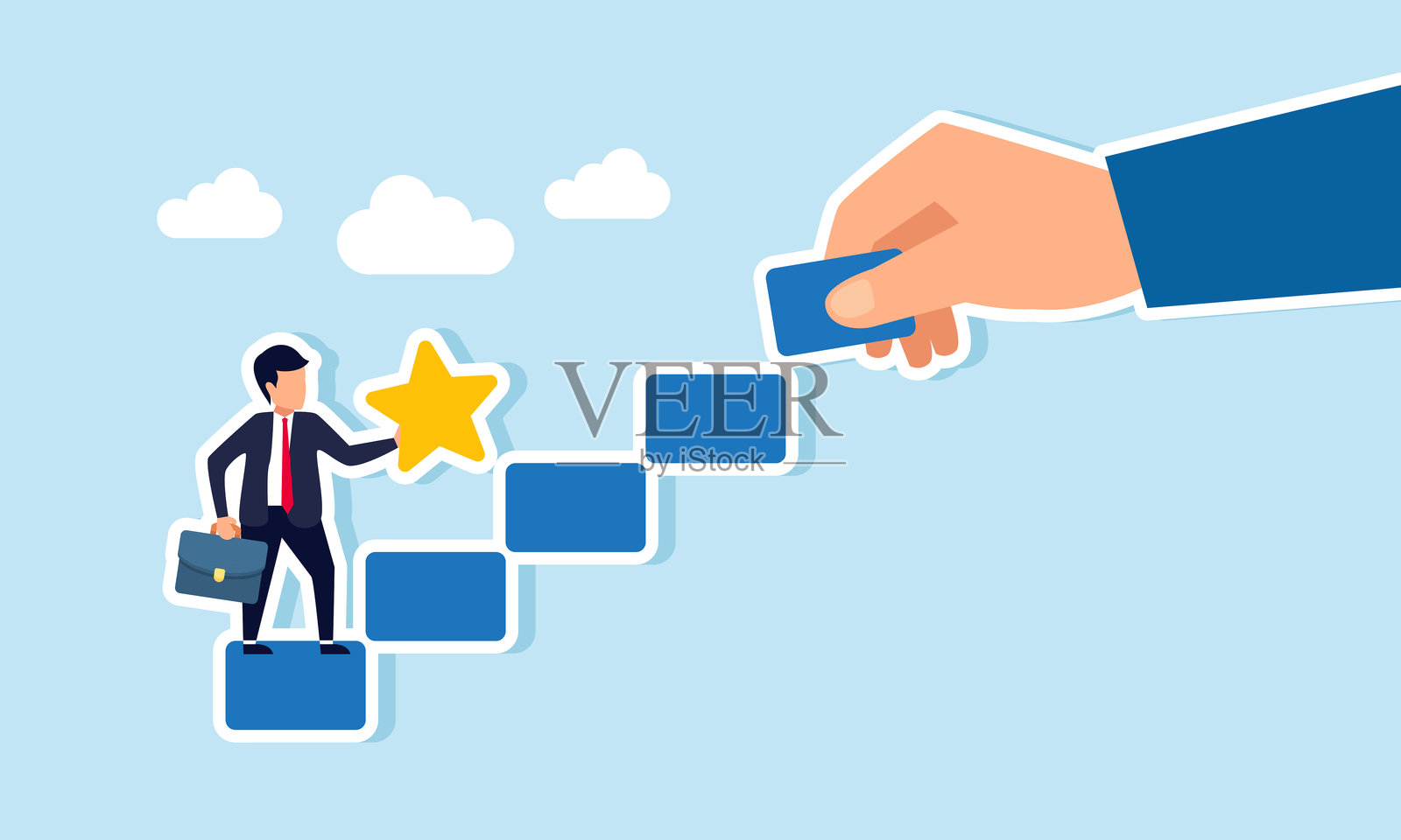 商人手握星星，意图攀登由手排列的阶梯，展示了由产品质量驱动的逐步商业职业成长的插图。插画图片素材