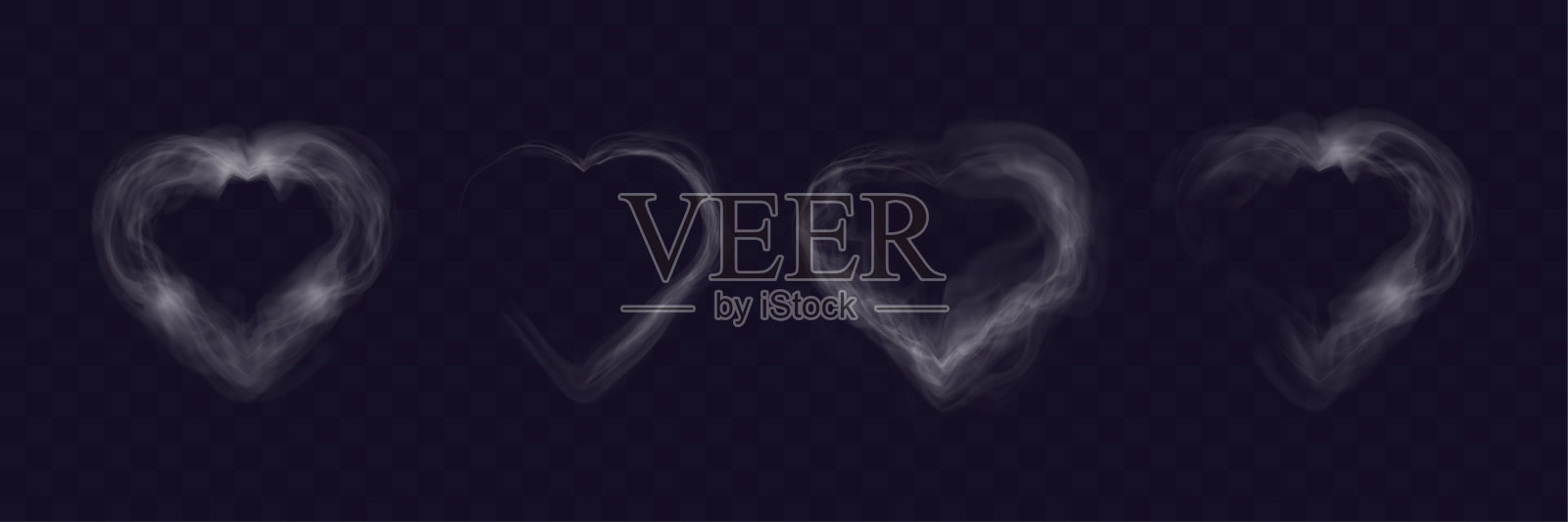 透明烟雾心形图案，背景深色，飘逸的设计与柔和流动的形状，完美适用于浪漫、抽象或神秘的概念。插画图片素材