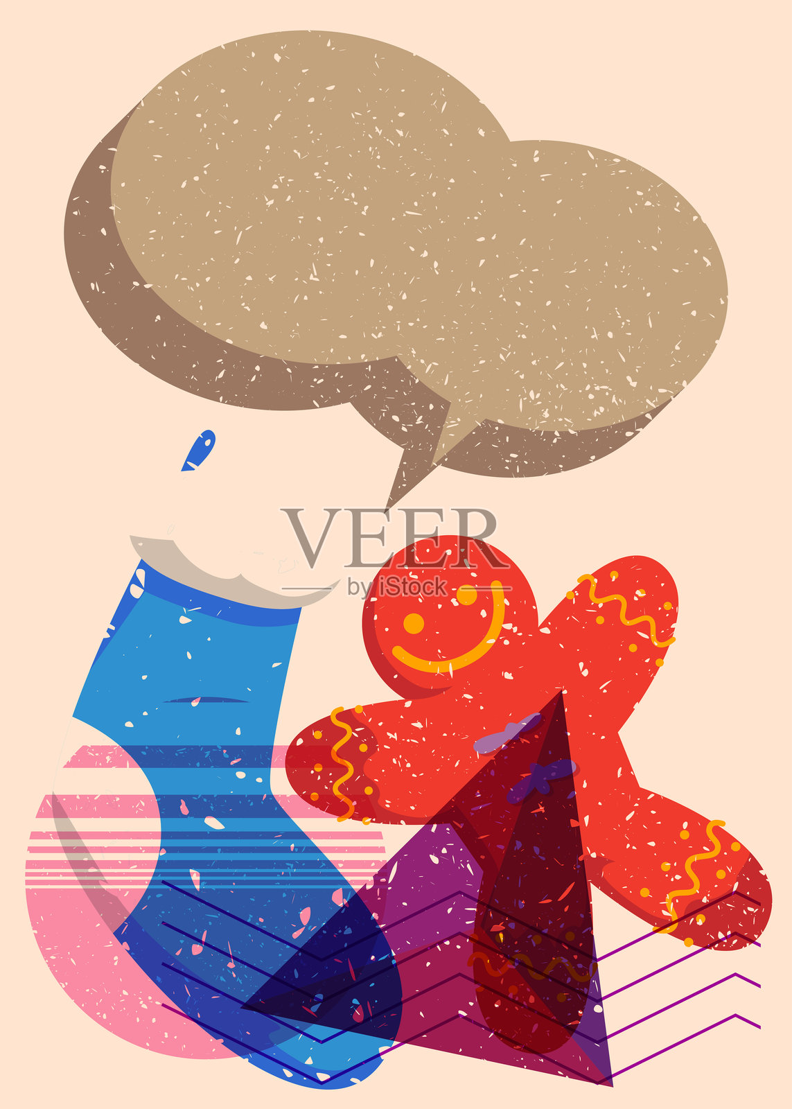 瑞士印刷风格的圣诞袜和姜饼人饼干，带有几何形状的对话气泡。物体采用时尚的瑞士印刷纹理设计，结合几何元素。插画图片素材