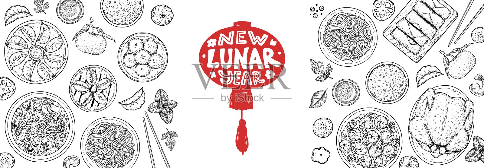 中国农历新年美食框架。手绘矢量插图。中国美食素描。节日菜单。食品设计模板。插画图片素材