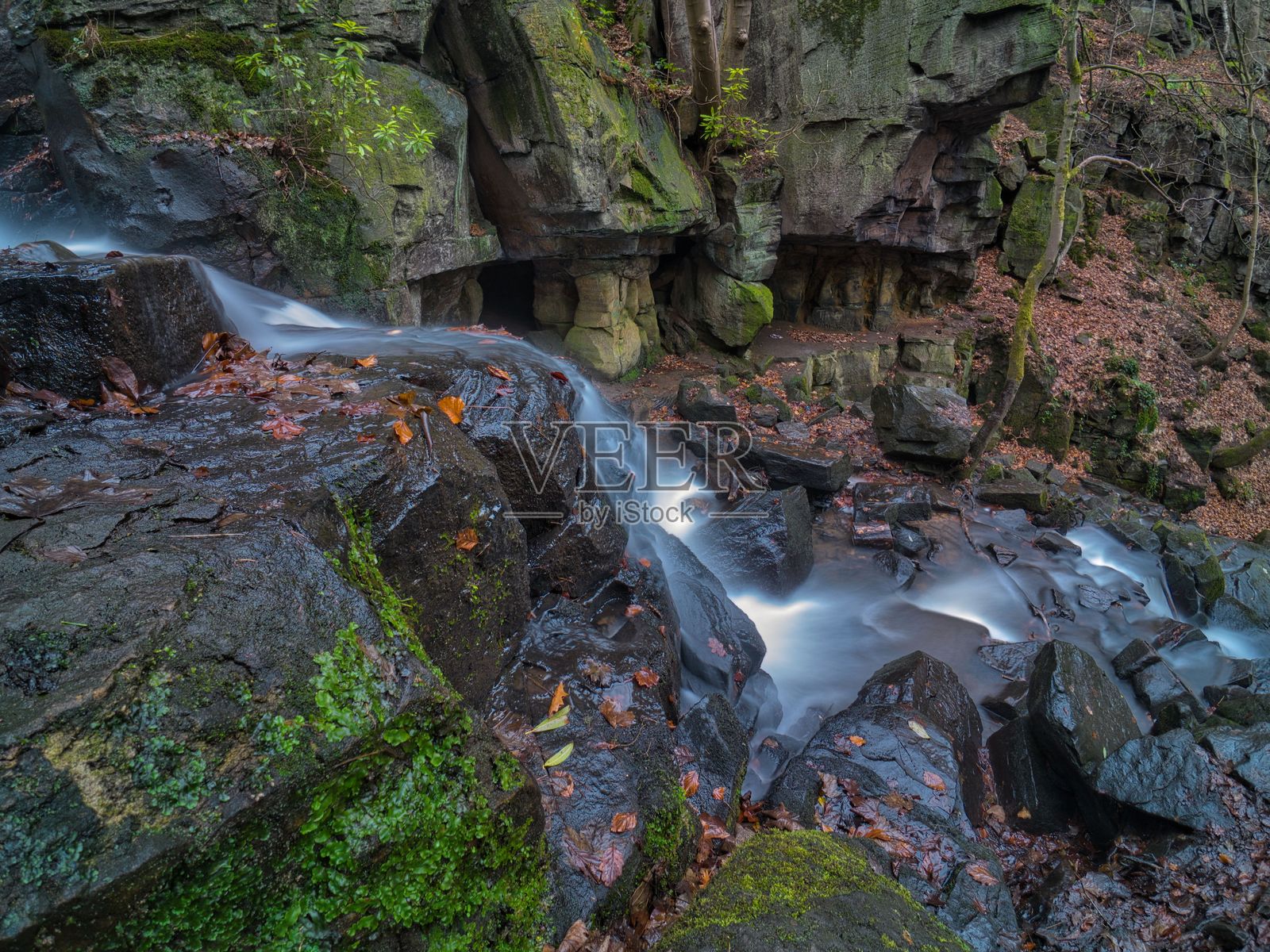 宁静的瀑布在郁郁葱葱的森林环境中。照片摄影图片