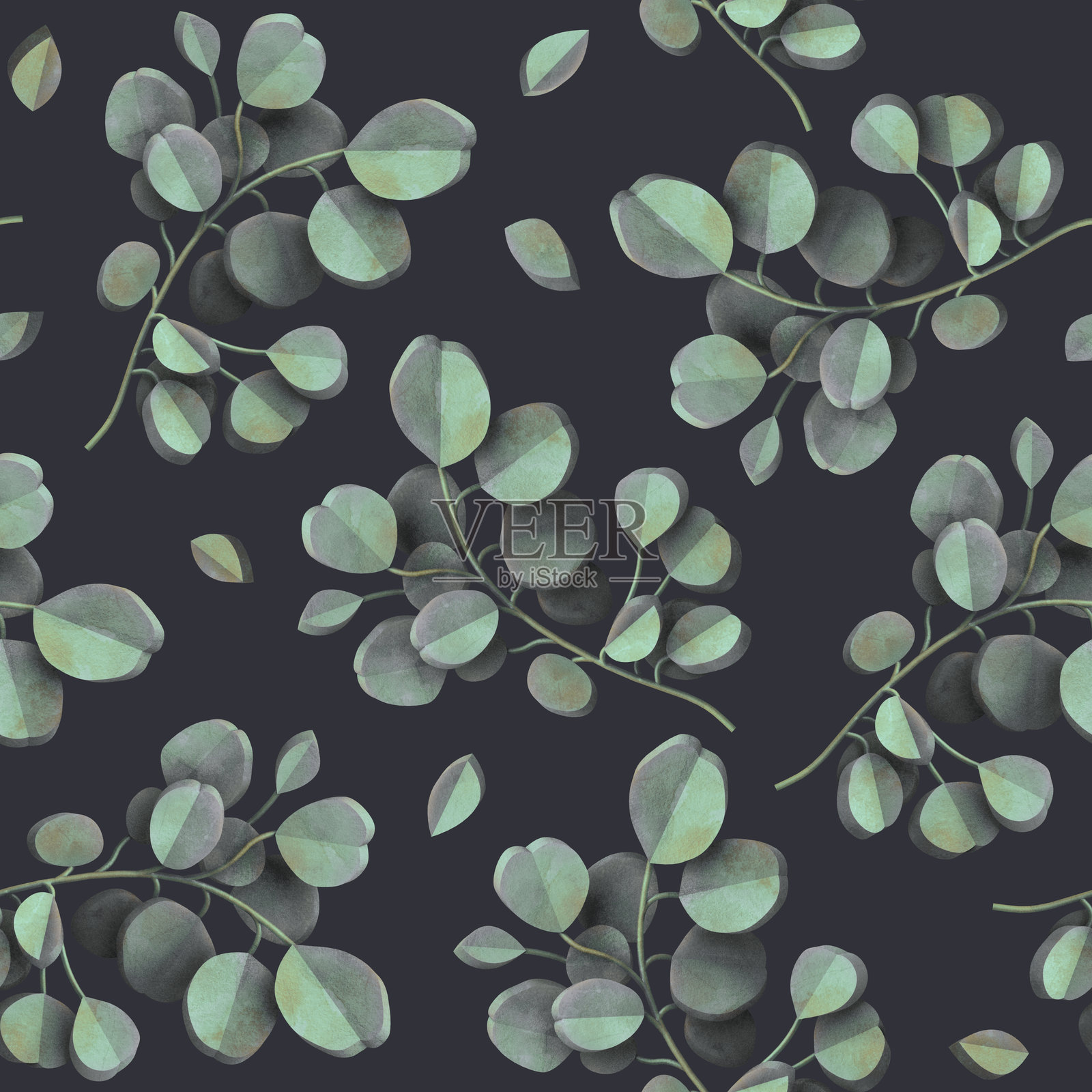 深色背景上的无缝图案，3D渲染的绿色桉树叶。照片摄影图片