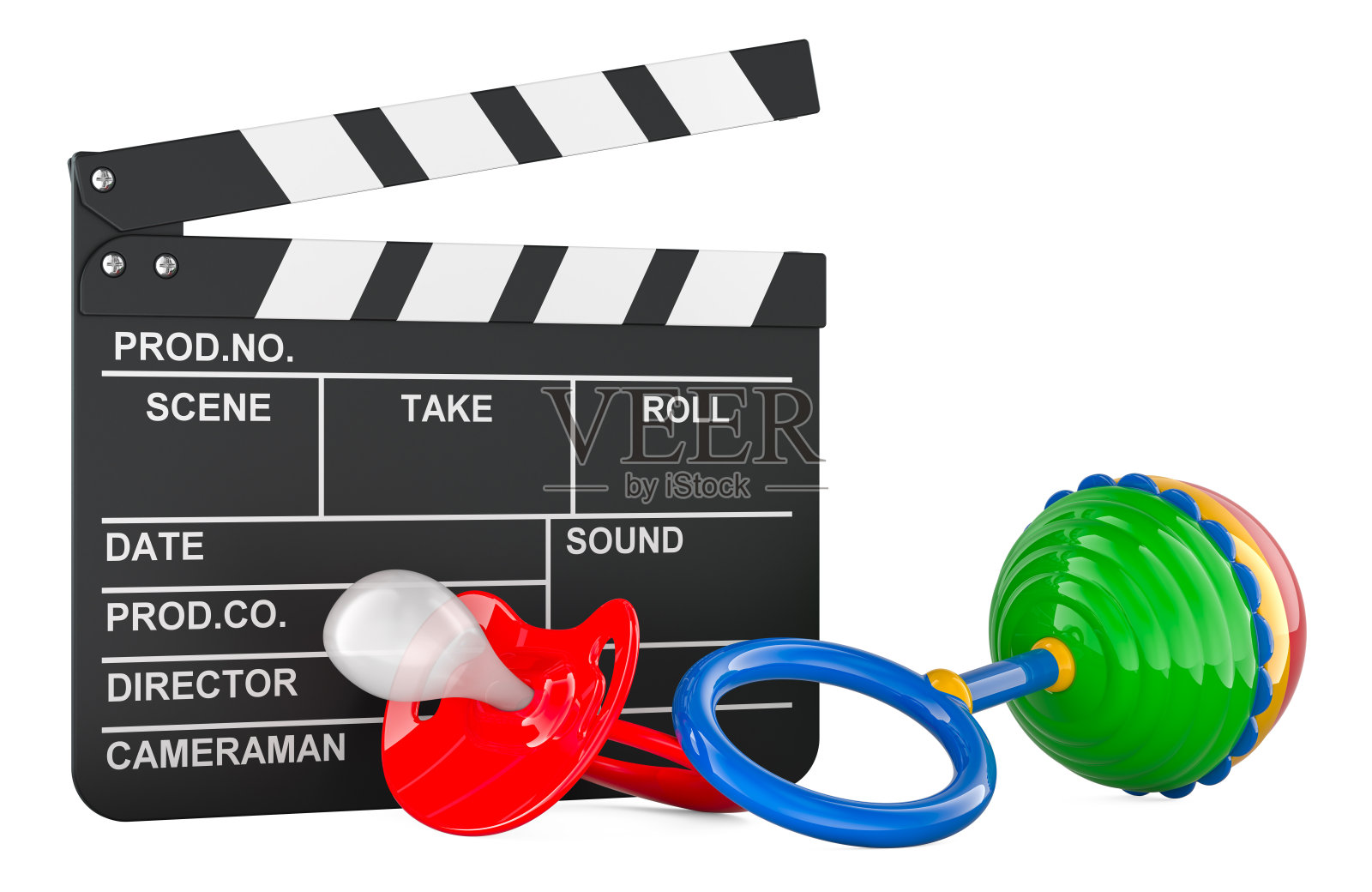 带有婴儿安抚奶嘴和婴儿摇铃的拍板，3D 渲染照片摄影图片