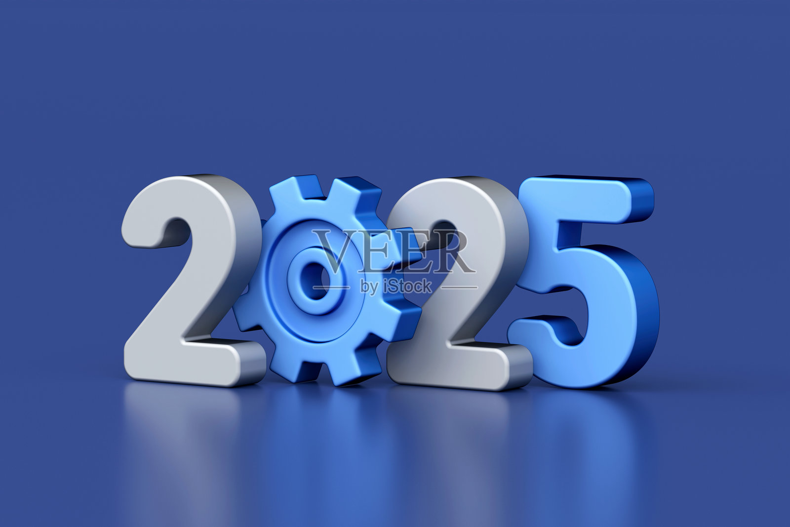 2025年文本与齿轮图标，象征着创新、进步和技术发展，蓝色背景，3D渲染照片摄影图片