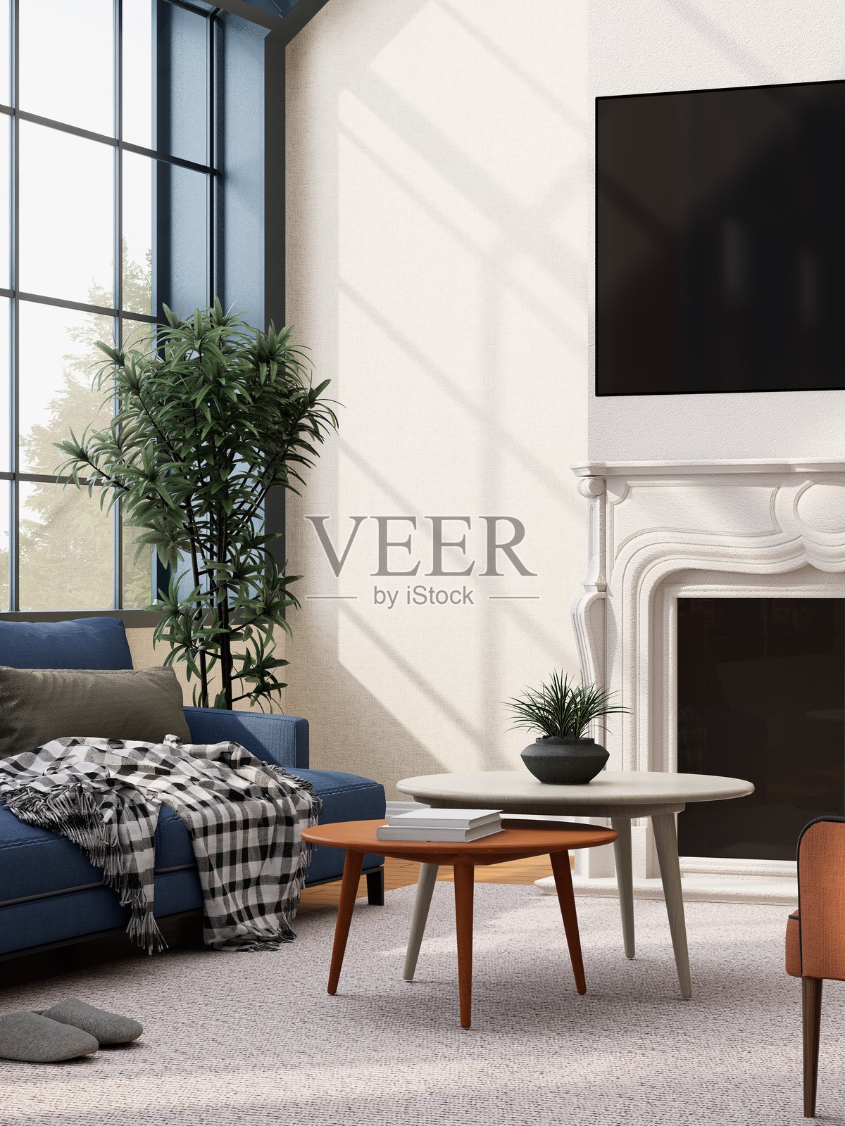 现代客厅，配有舒适的沙发、优雅的壁炉、时尚的咖啡桌和大窗户，阳光透过窗户洒入室内。3D渲染图照片摄影图片