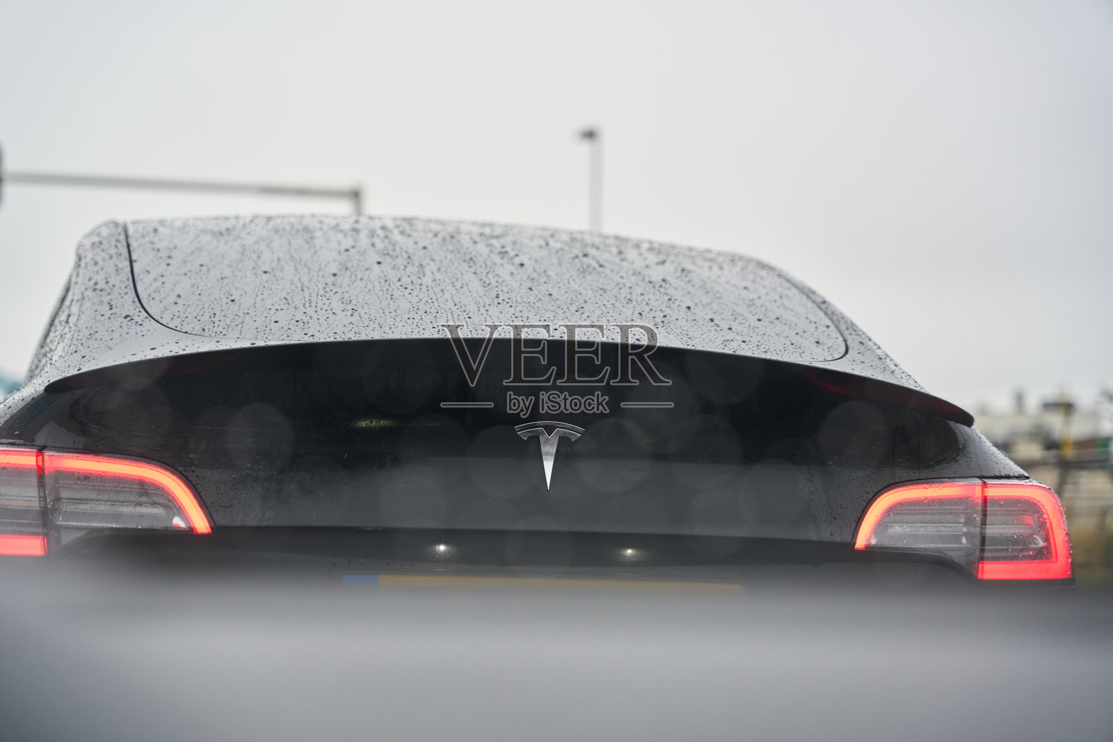 黑色特斯拉Model 3在雨中停放的背面视角照片摄影图片