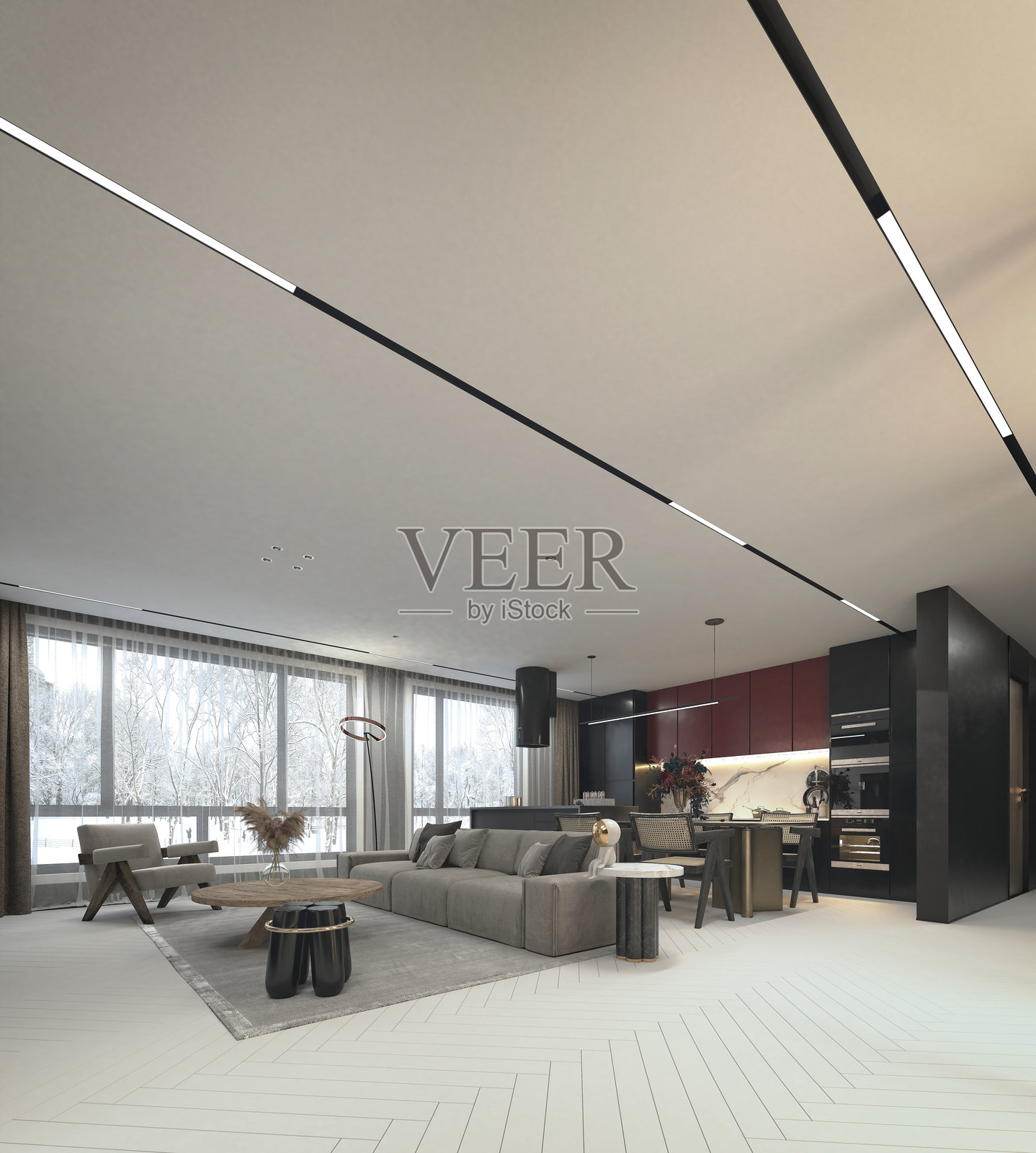 3D渲染的客厅和餐厅空间照片摄影图片