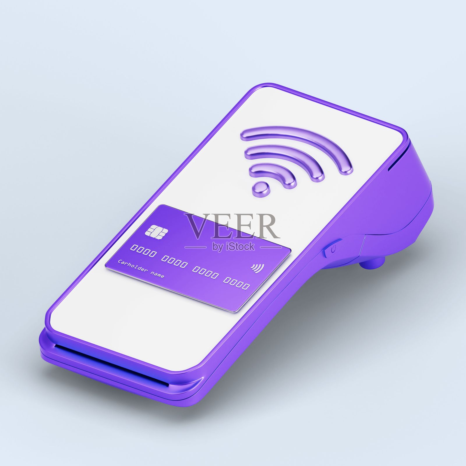 现代无接触支付终端与紫色信用卡。照片摄影图片