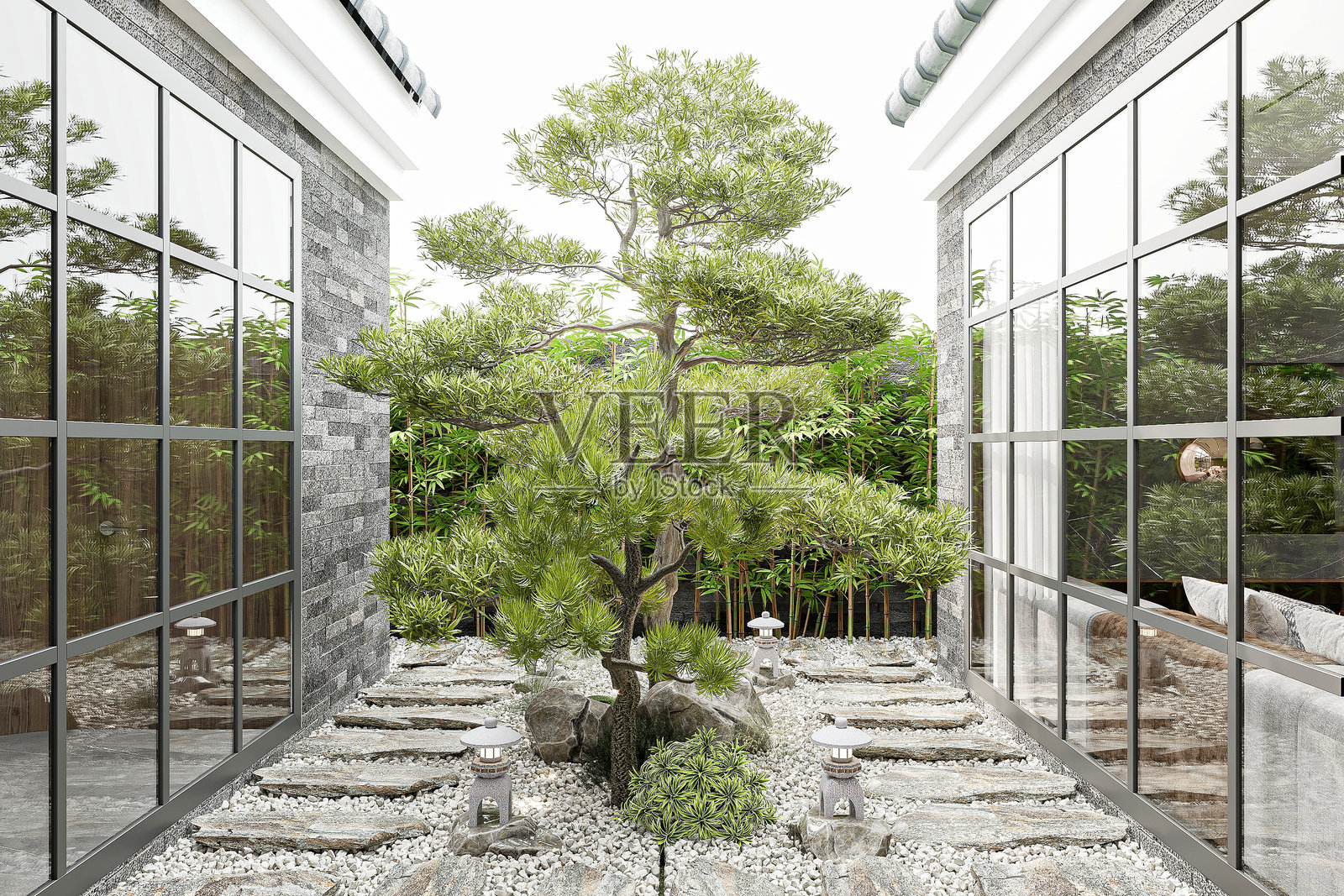 宁静的日本禅园，带有小径和盆栽树照片摄影图片