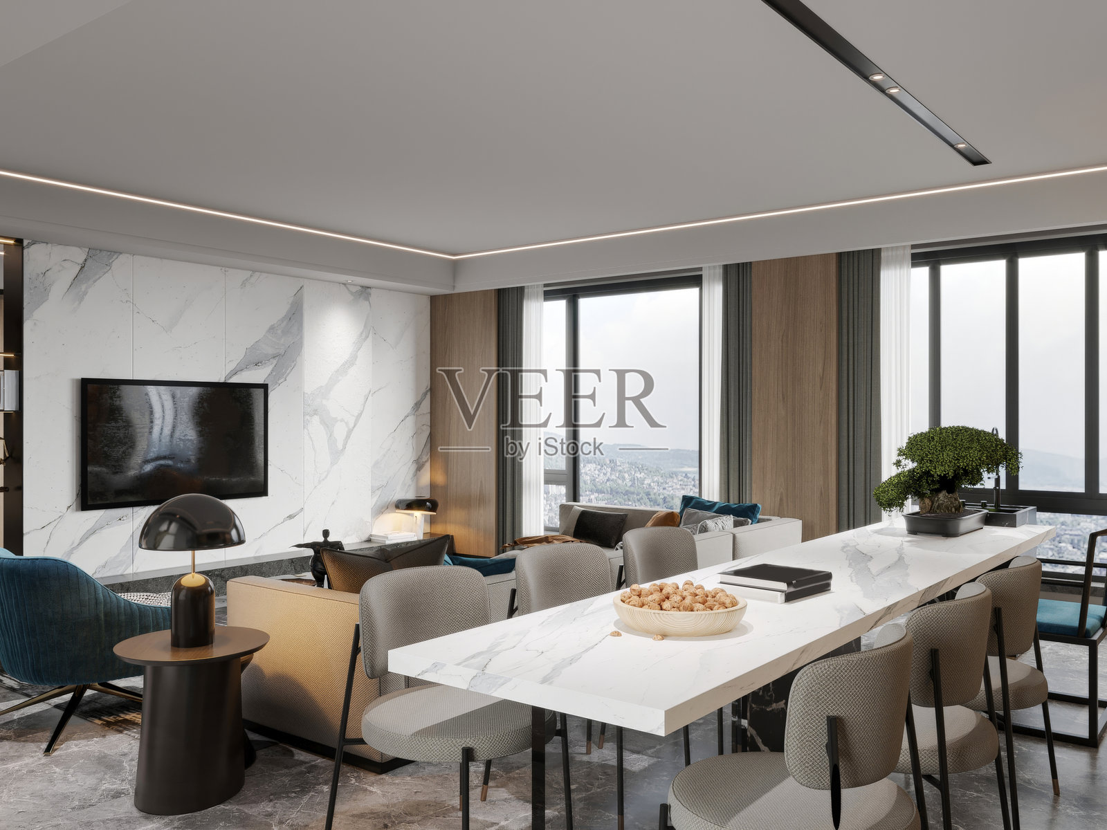 优雅的开放式客厅和餐厅，配有大理石桌和全景视野照片摄影图片
