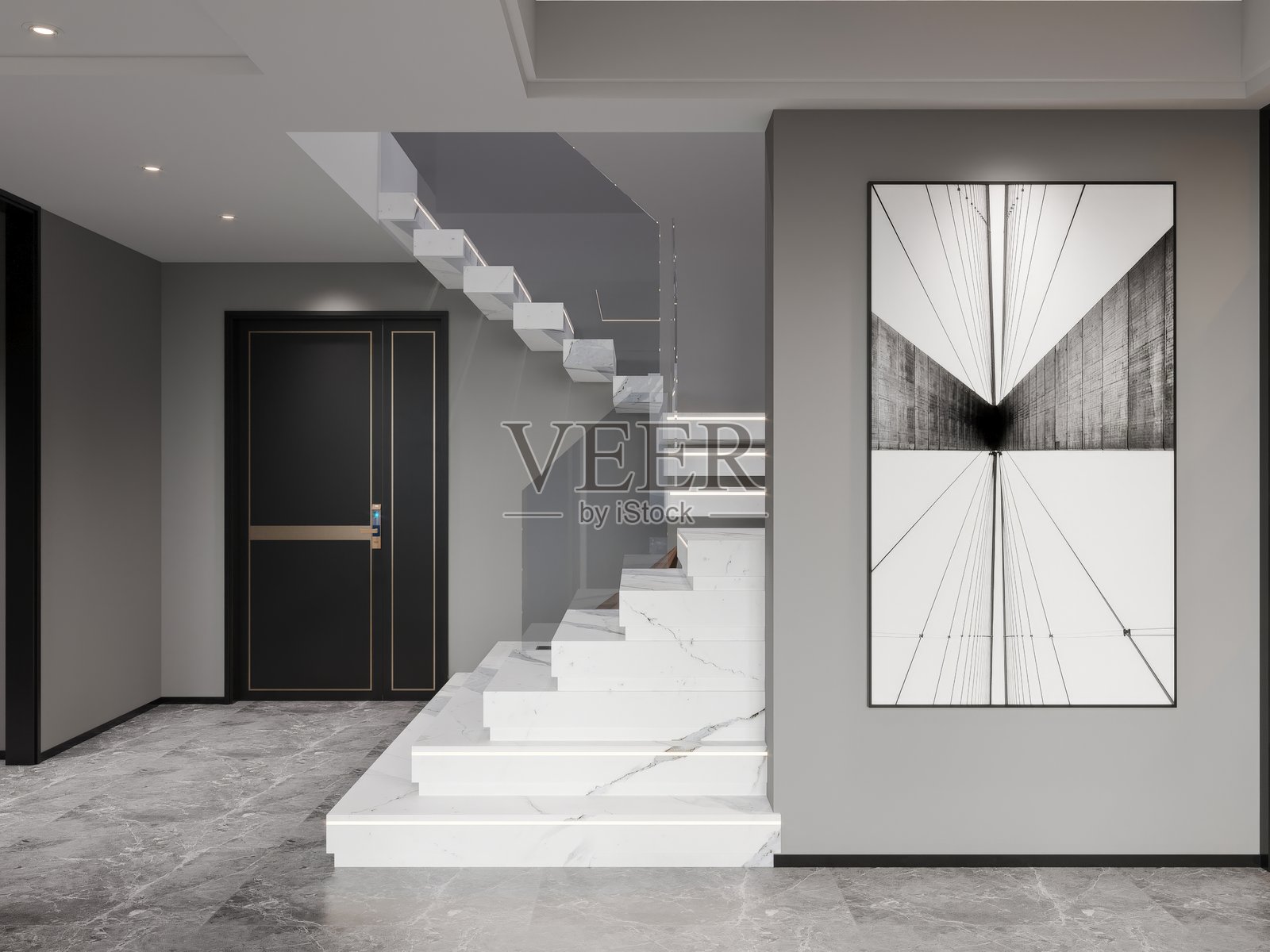 现代入口处的悬浮大理石楼梯和抽象墙面艺术照片摄影图片