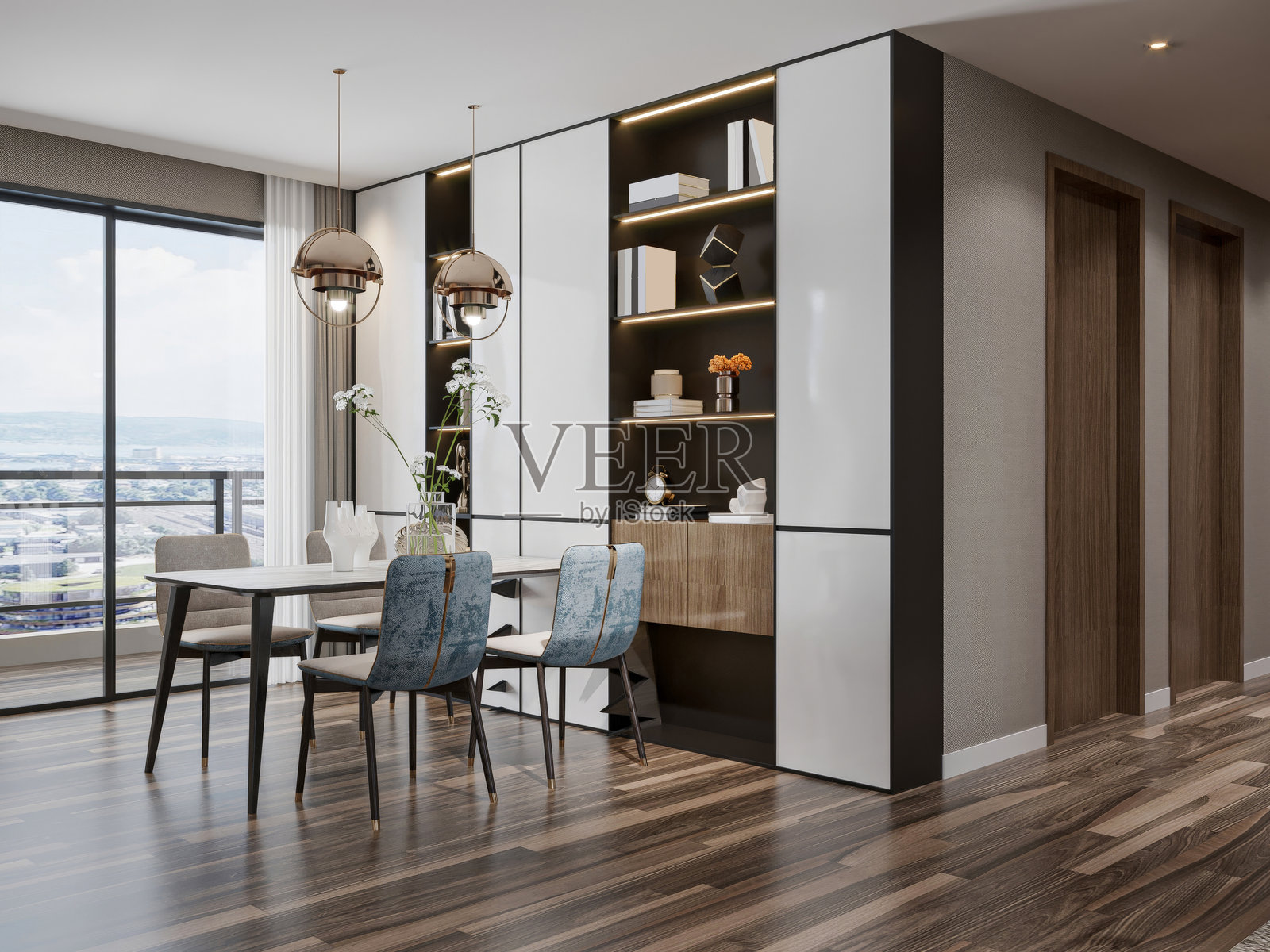 现代餐厅，配有装饰性书架和自然光照照片摄影图片