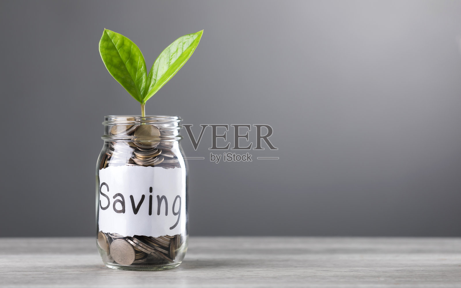 一个装满硬币的玻璃罐，中央长出一小株嫩芽，标有“储蓄”字样，放置在灰色背景的桌子上，象征着财务增长和未来规划。照片摄影图片