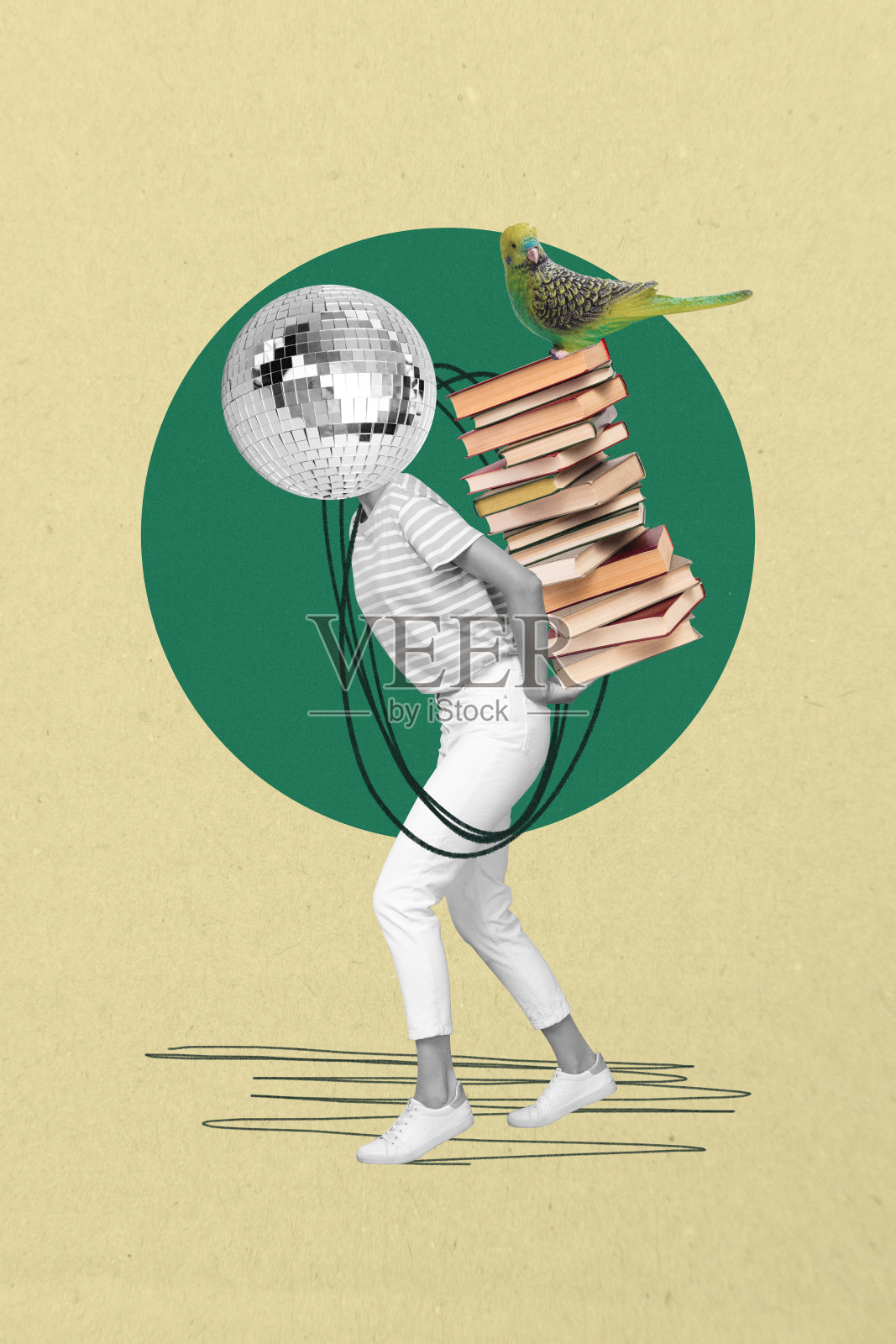 年轻女孩学生背着书本的拼贴画，背景为手绘风格照片摄影图片