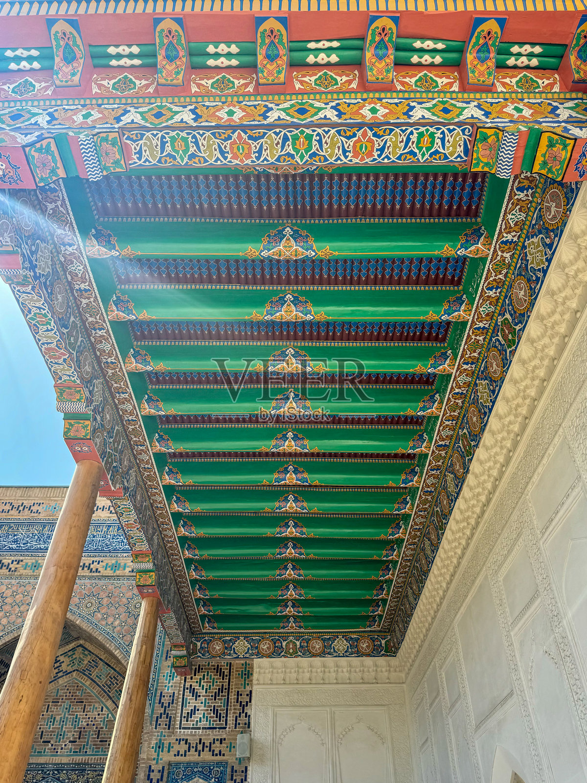 中亚地区传统绘制的木质天花板，装饰有复杂的图案照片摄影图片