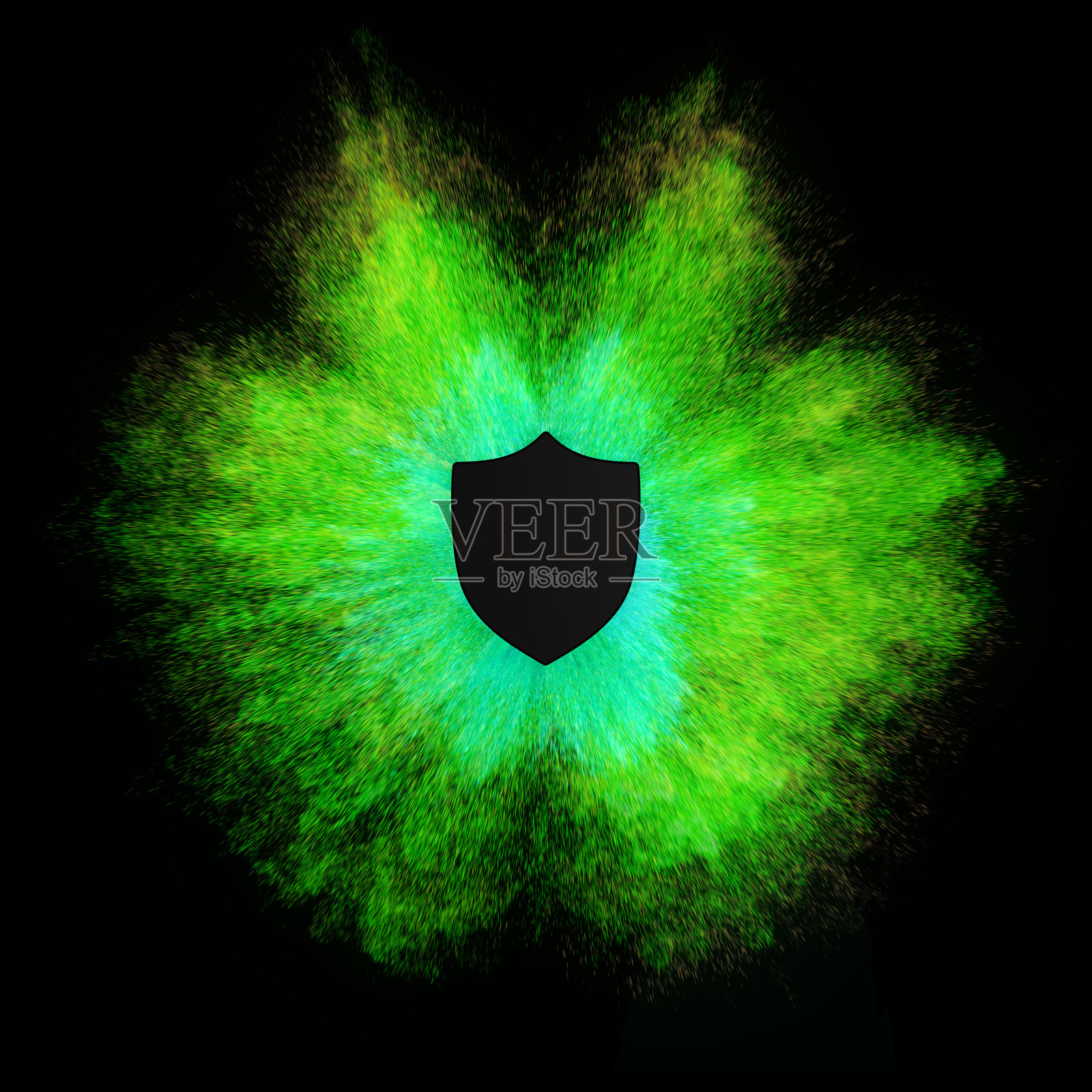 一个黑色的盾牌，周围环绕着生动的绿色和黄色粒子的爆炸，象征着保护和力量。照片摄影图片