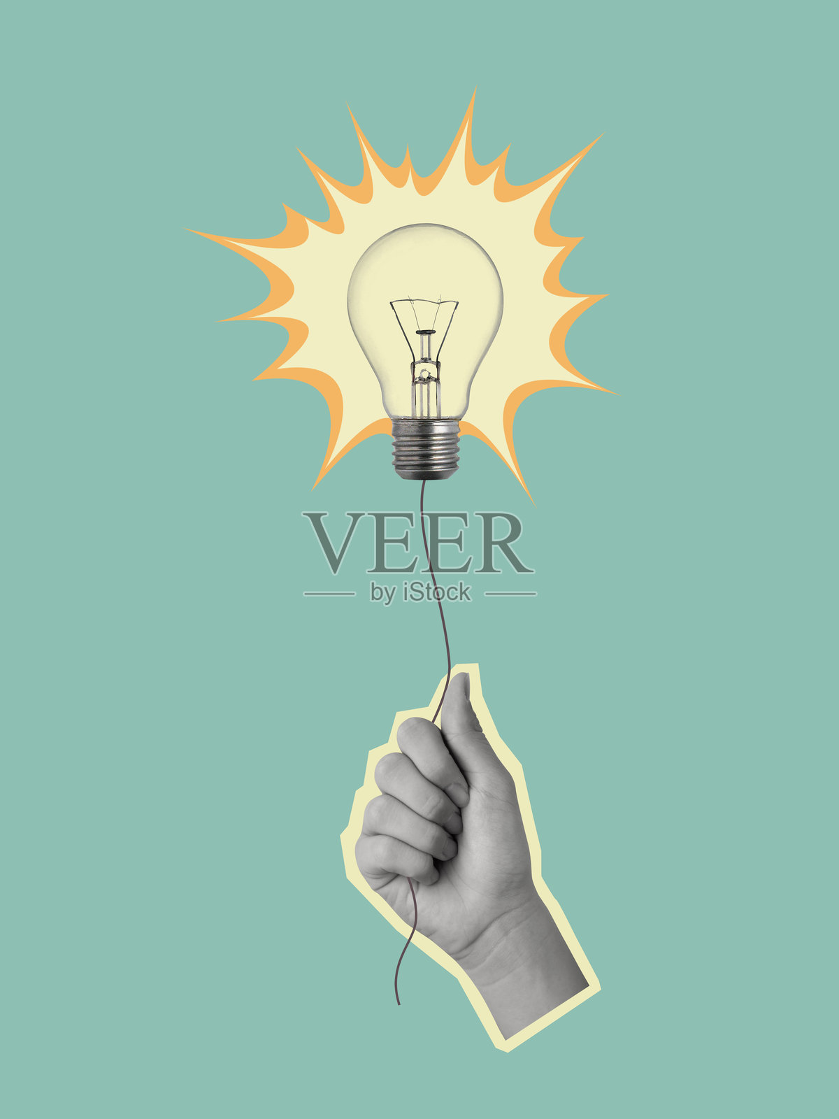 现代艺术拼贴画，手握着一个灯泡。照片摄影图片