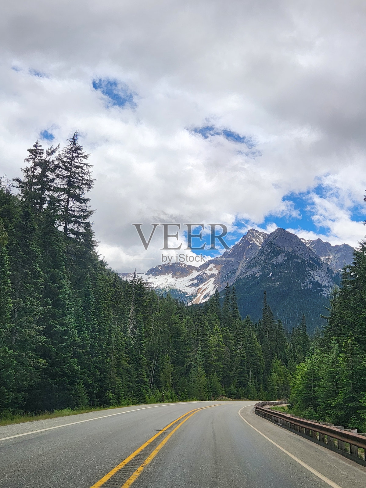 从公路看松树和山脉照片摄影图片