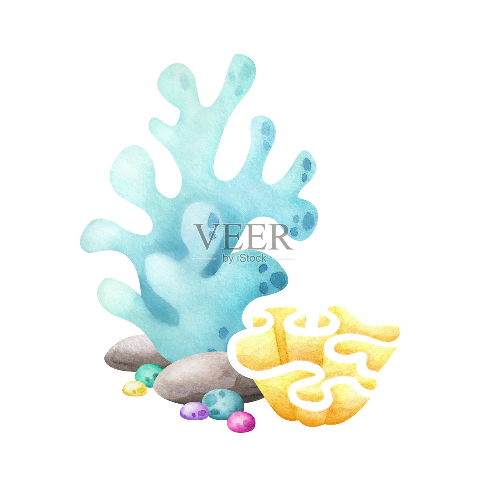 卡通风格的水彩孤立插图，描绘珊瑚、卵石和石头。手绘的海洋水下色彩丰富的构图，采用青绿色和黄色，适合儿童海洋设计和航海印刷品。插画图片素材