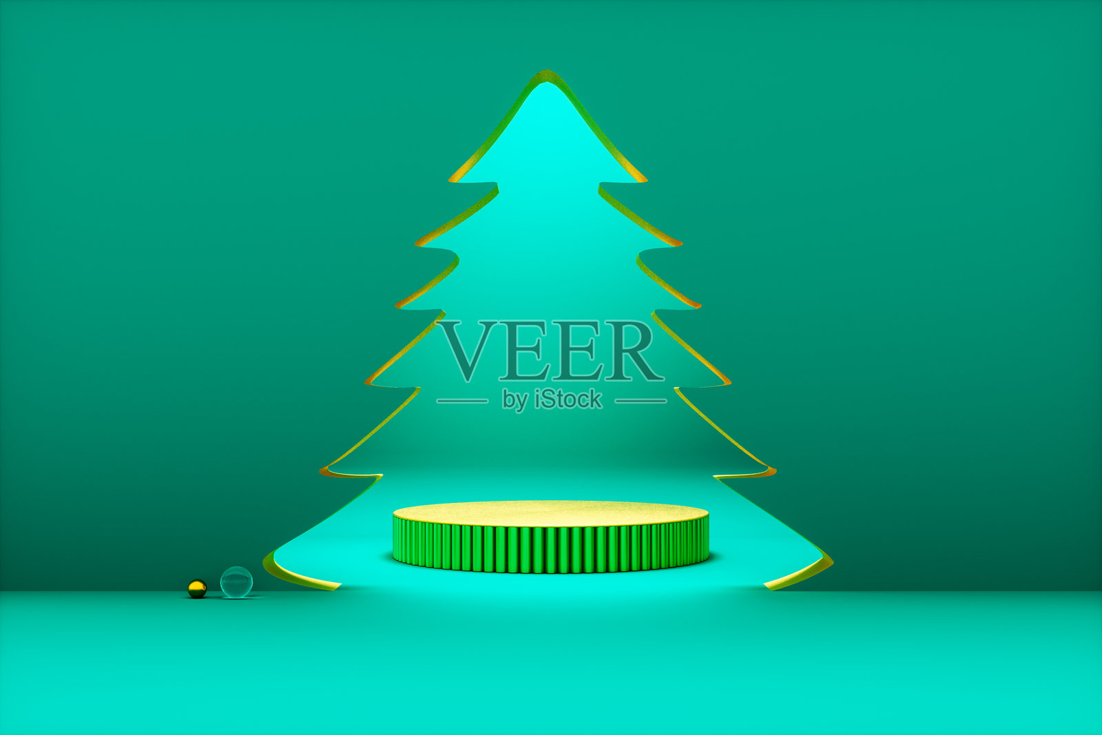 圣诞树框架的圣诞领奖台背景。3D渲染。照片摄影图片