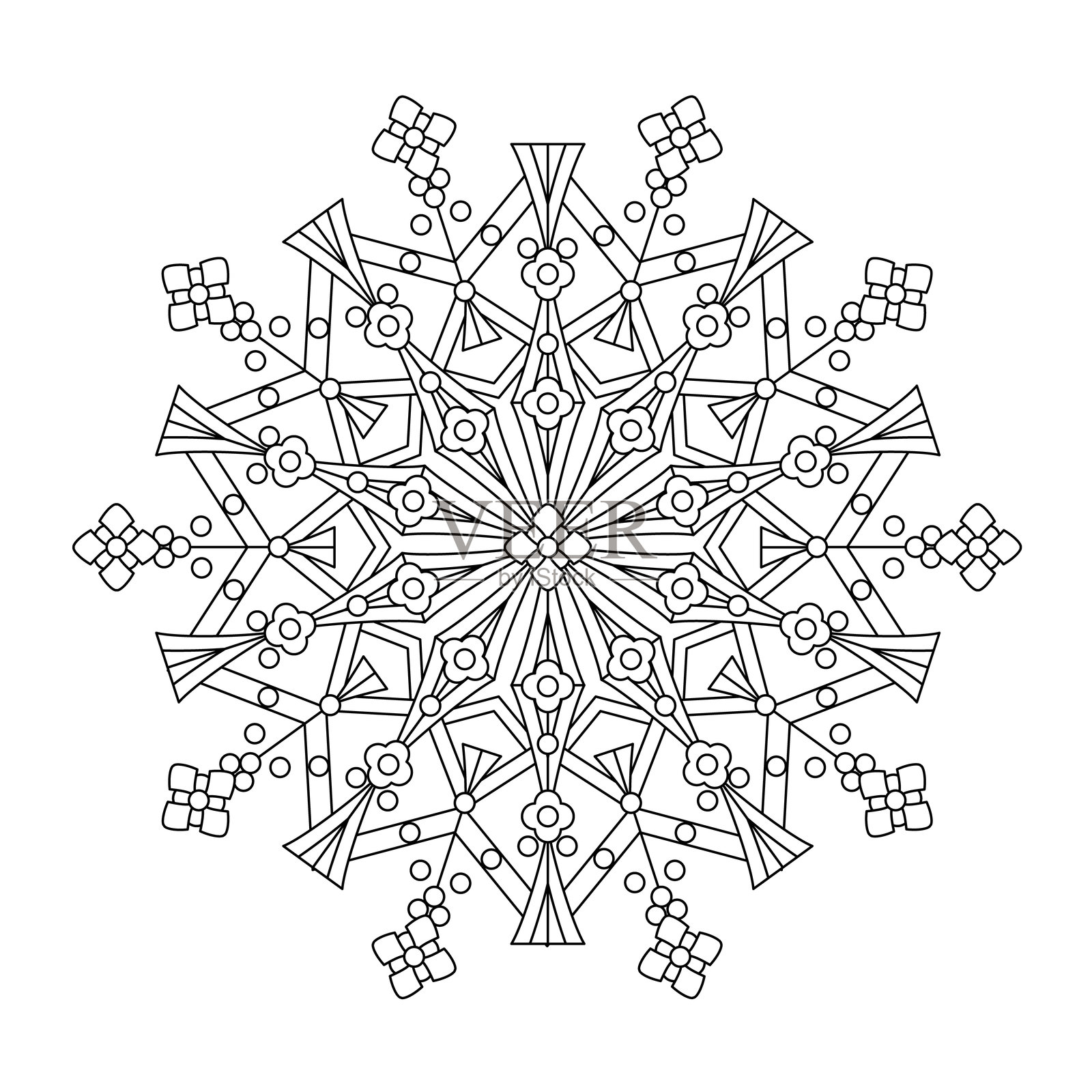 抽象曼荼罗，中心图案或奇幻雪花线条艺术设计或涂色页插画图片素材