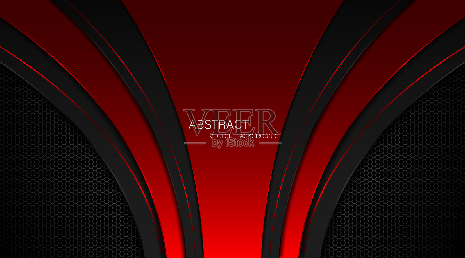 黑色和红色的抽象曲线，带有红色光线，在深色钢网背景上。插画图片素材