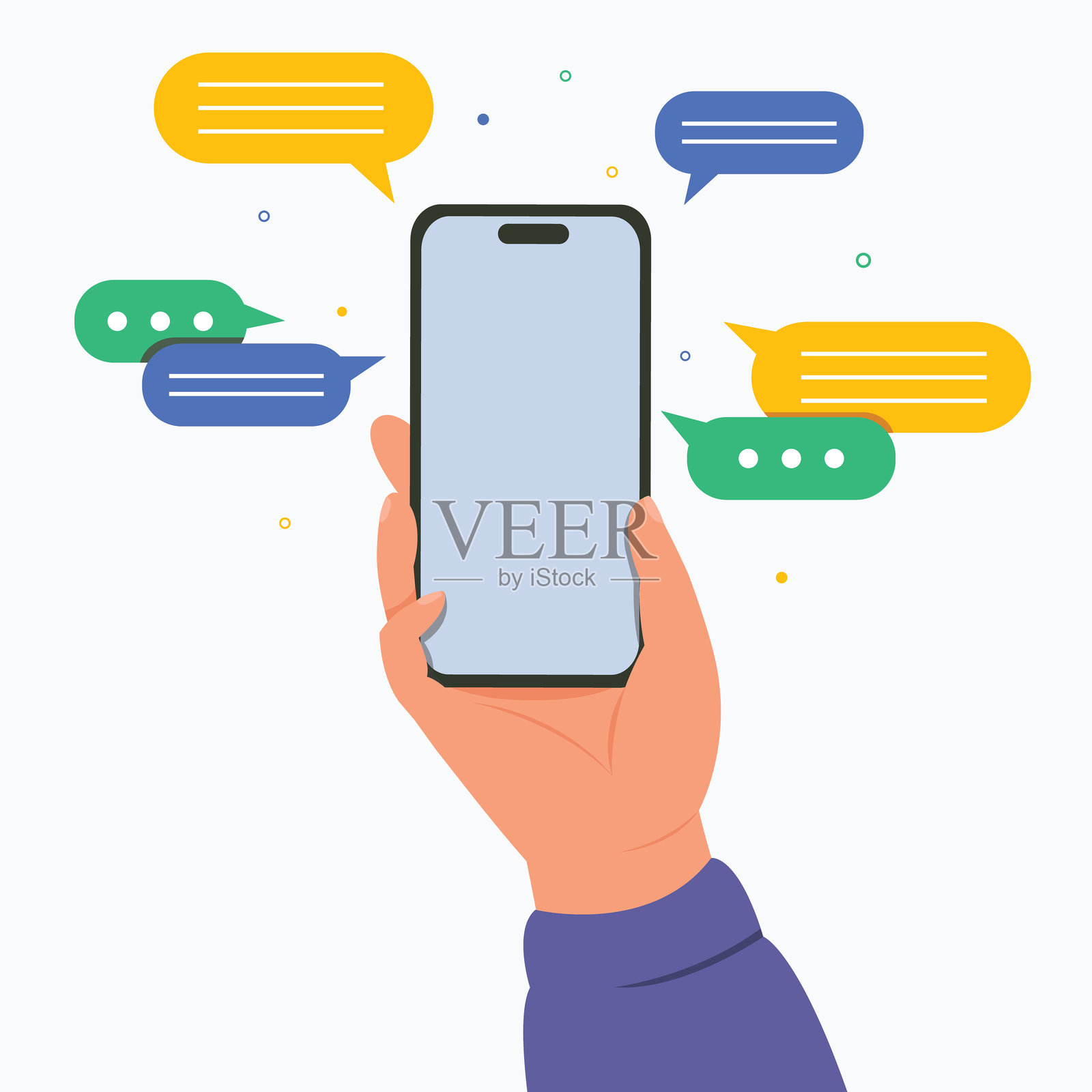 手握智能手机，界面上有气泡。用于社交应用的在线消息。插画图片素材