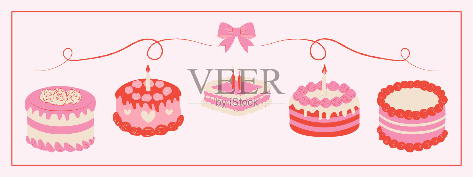 一组复古风格的生日蛋糕，上面装饰着糖霜和蜡烛。插画图片素材