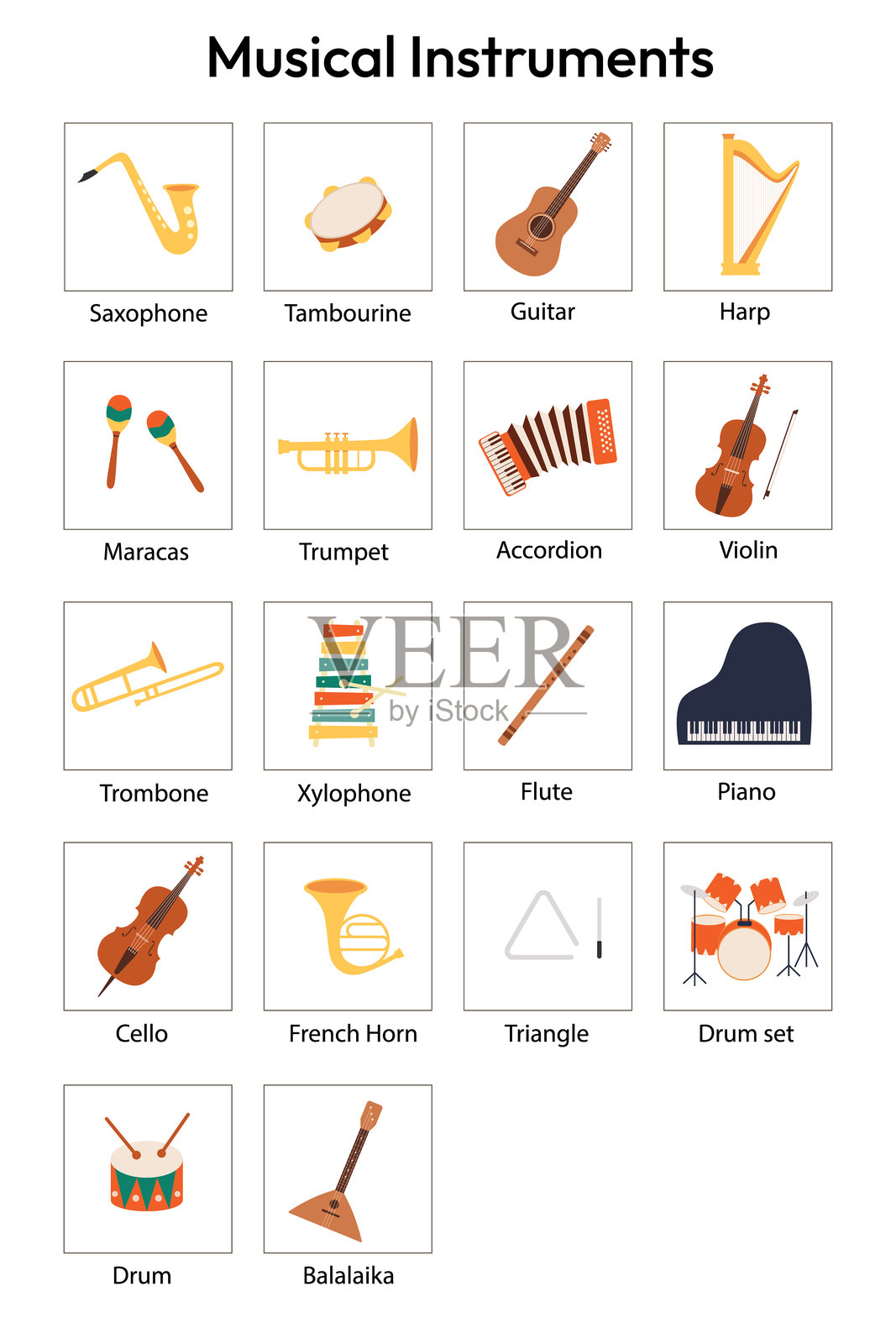 儿童音乐乐器闪卡，教育，英语语言，教科书。适用于学校和学前班的闪卡套装。儿童学习乐器。矢量插图卡通平面风格。插画图片素材