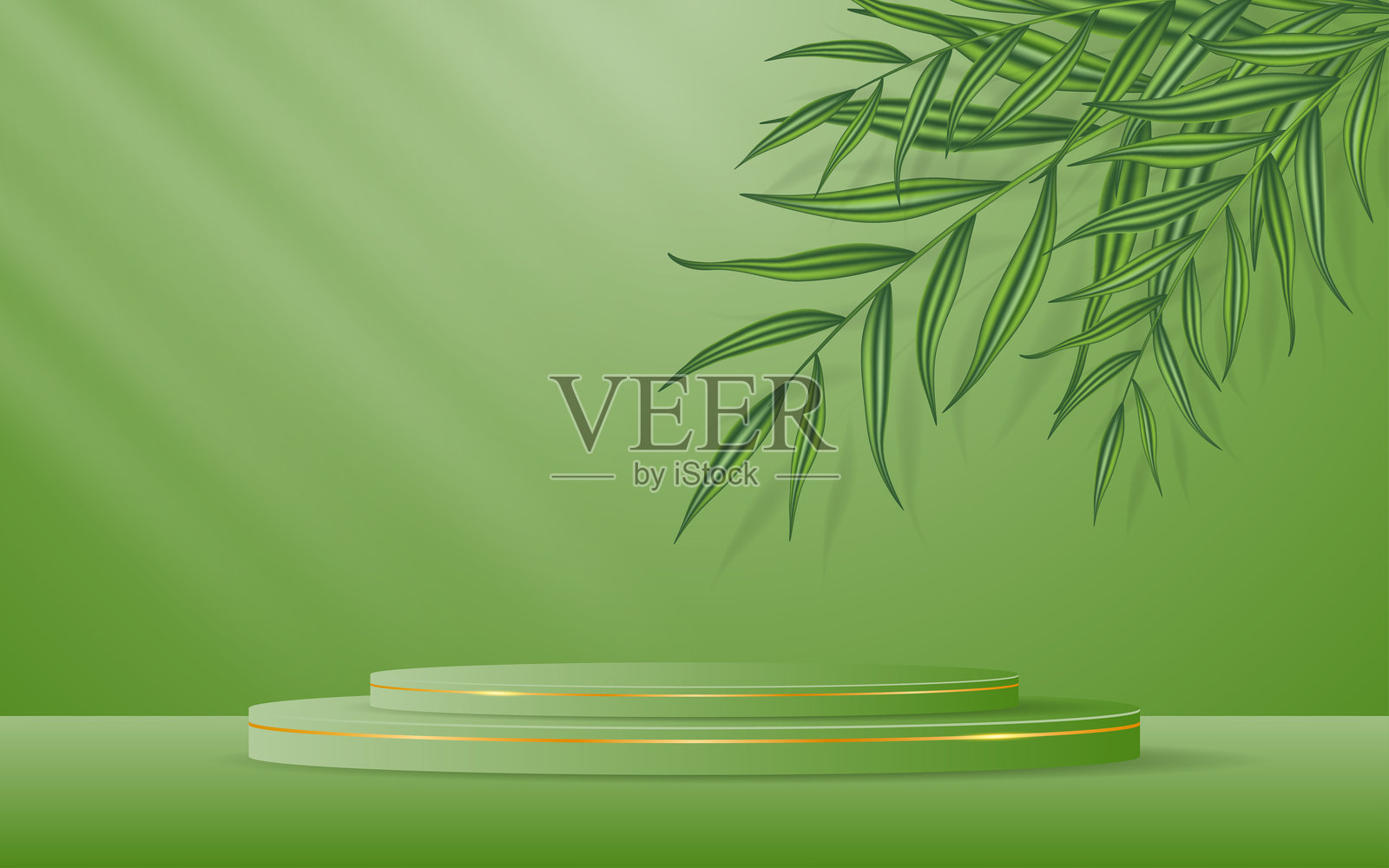 绿色讲台，优雅的金色线条和背景中的绿叶，适合产品展示插画图片素材