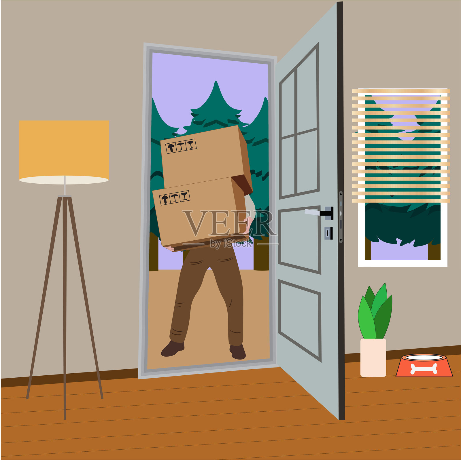 货运员将两个大纸箱送到房子的门口 - 插图插画图片素材