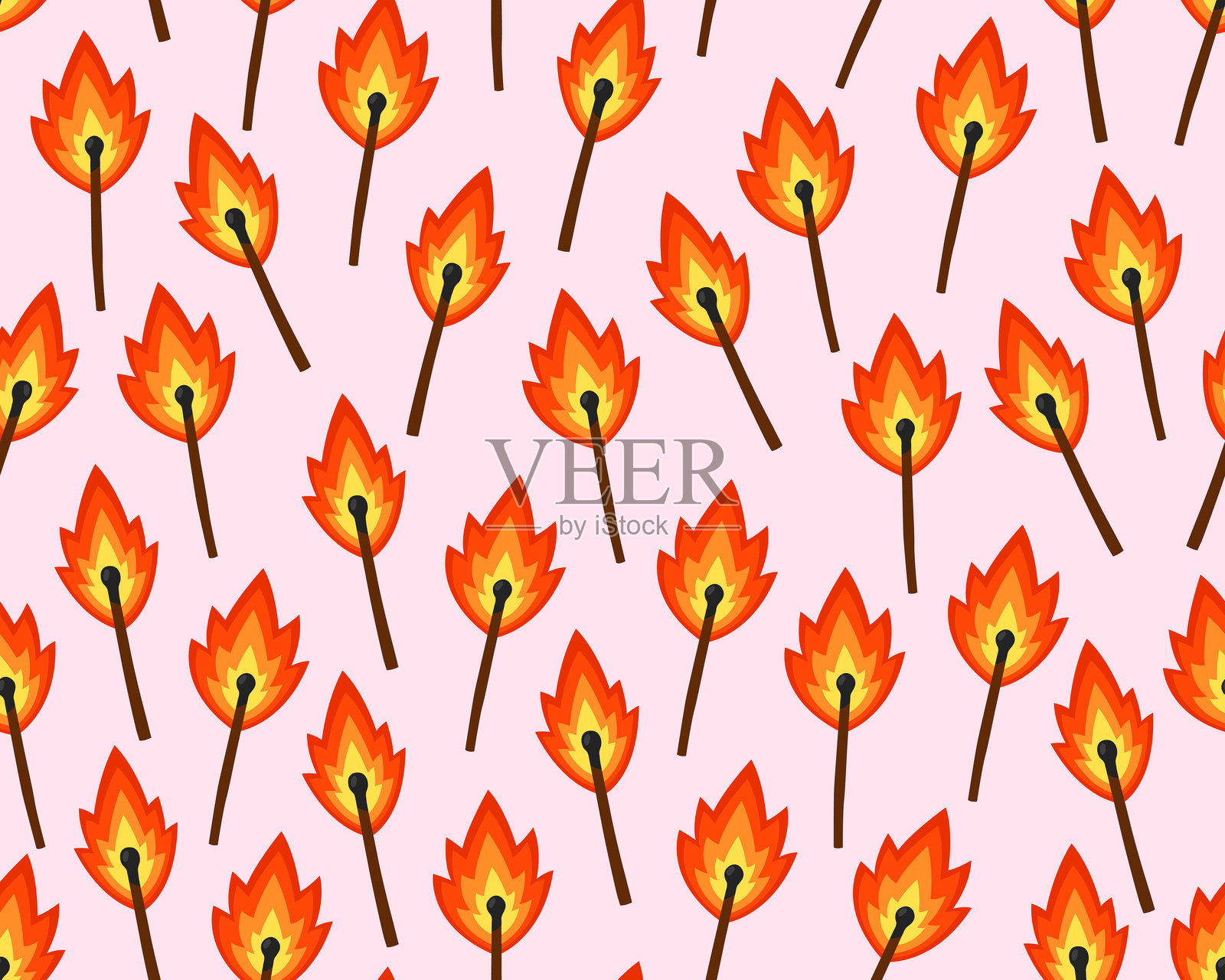 情人节无缝图案。粉色背景上的燃烧火柴。插画图片素材